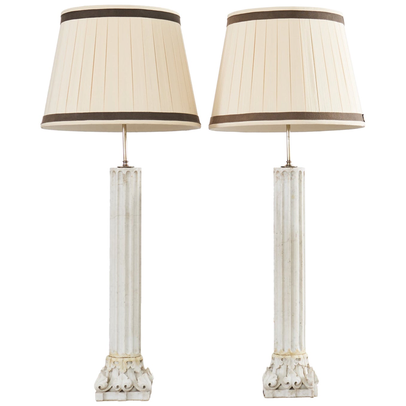 Pair of Greco Roman Neoclassical Marble Column Table Lamps