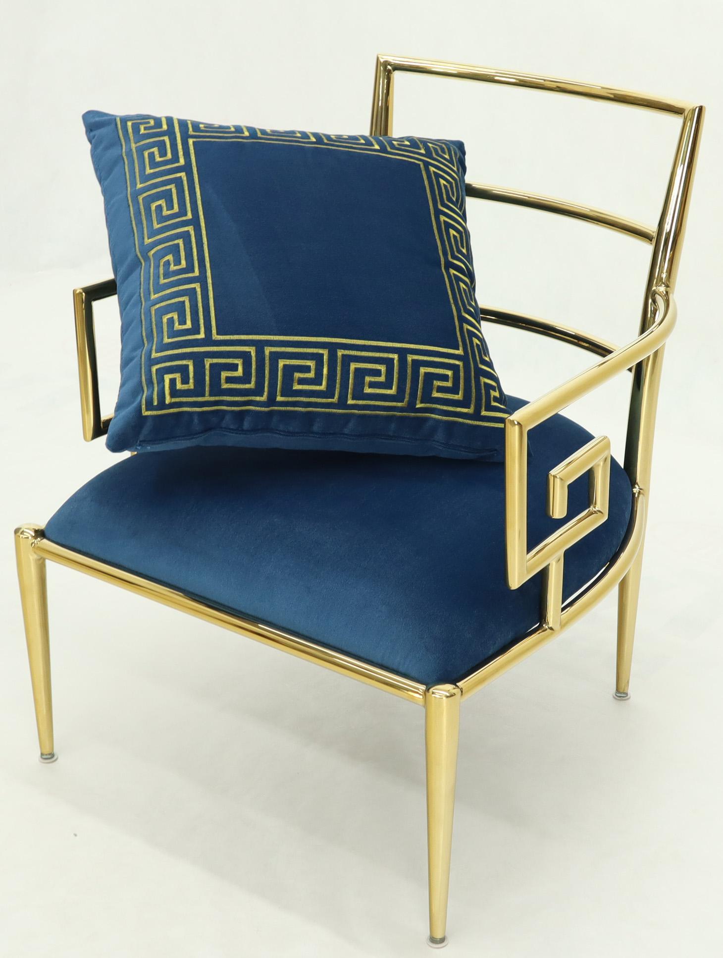 Pair of Greek Key Brass and Blue Velvet Lounge Chairs 1