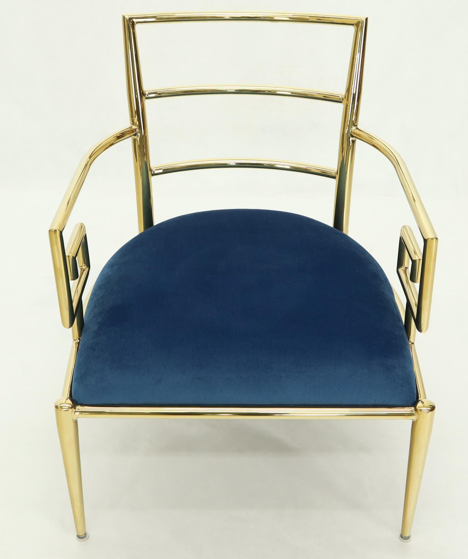 Pair of Greek Key Brass and Blue Velvet Lounge Chairs 2
