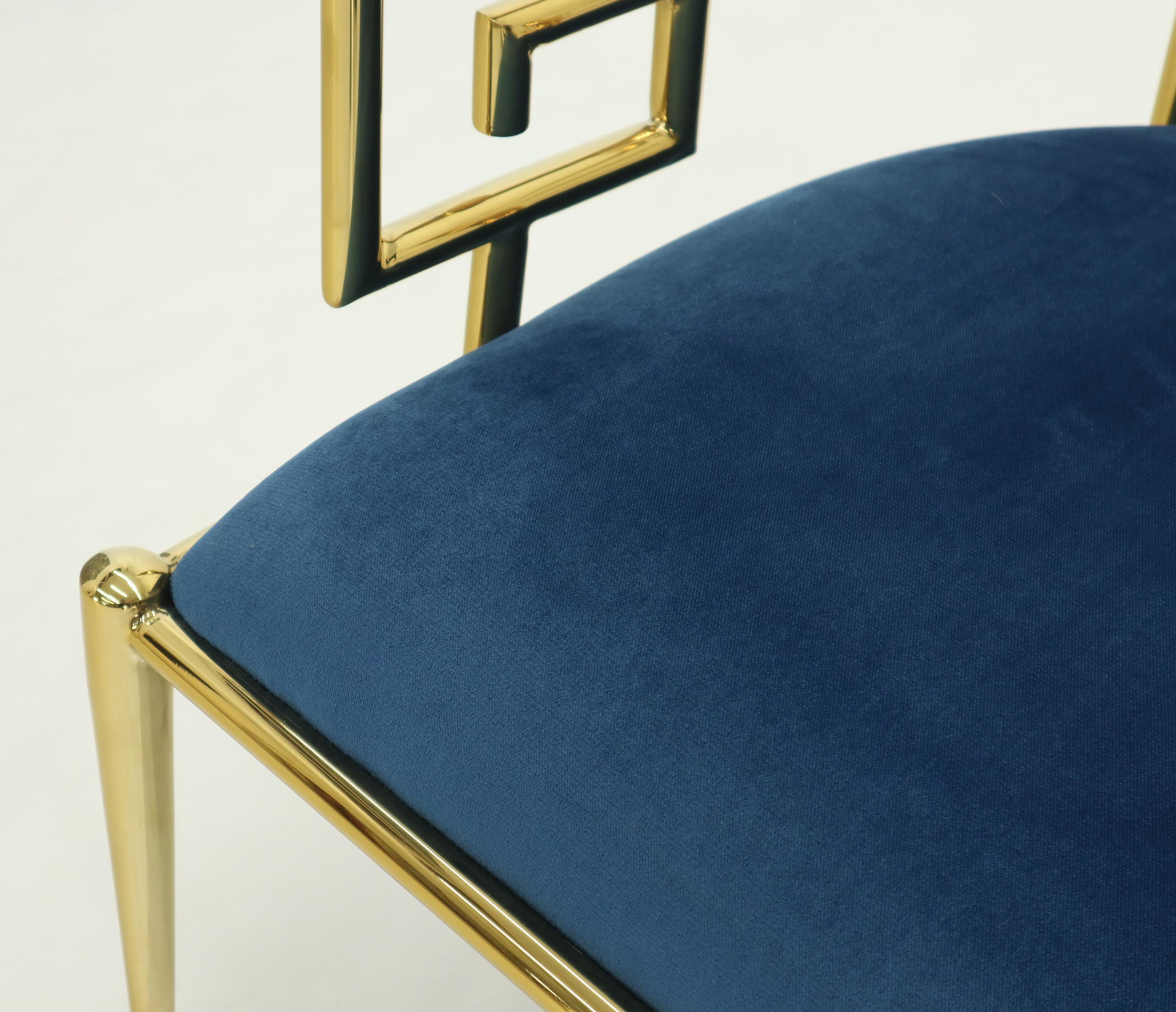 Pair of Greek Key Brass and Blue Velvet Lounge Chairs 4