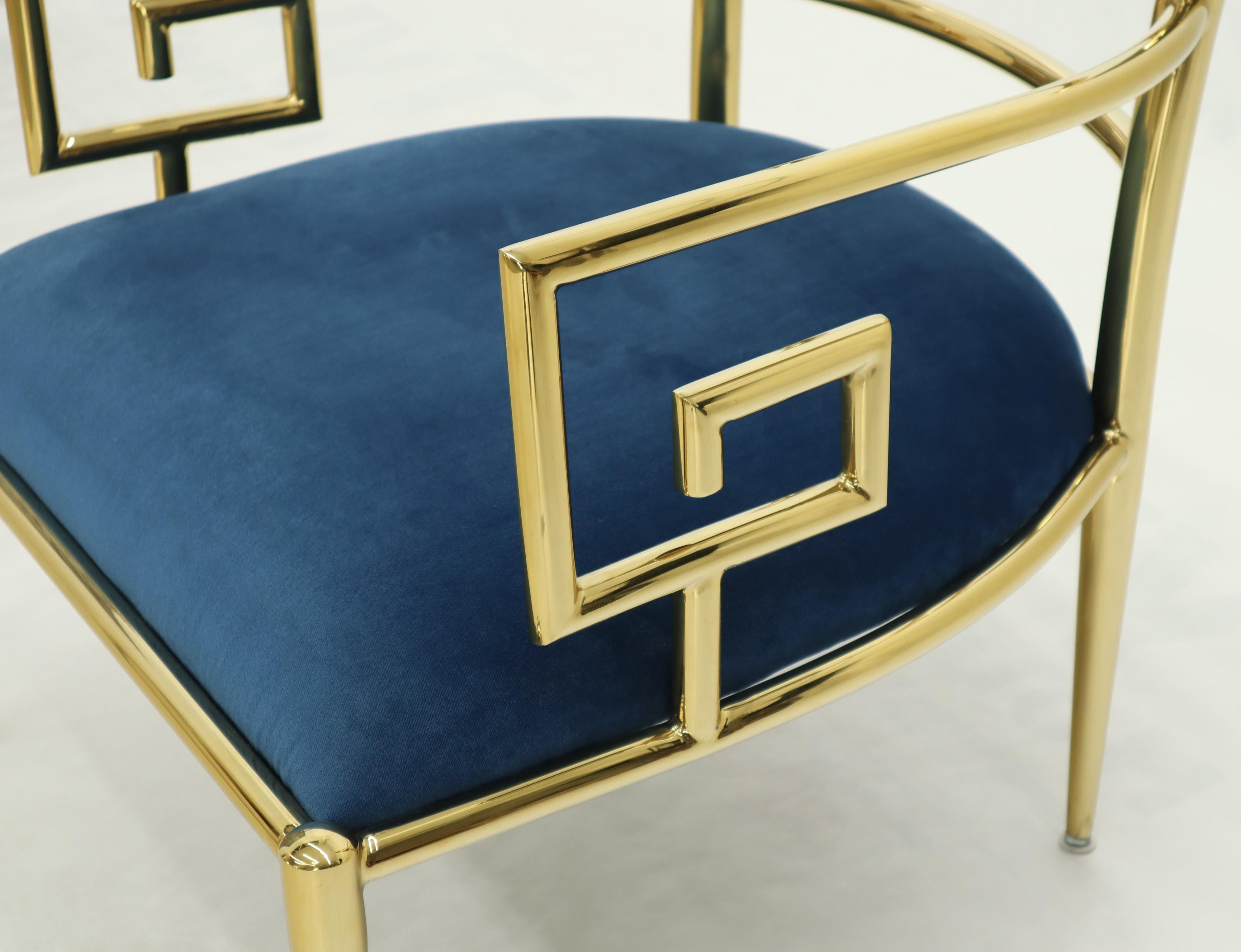 Pair of Greek Key Brass and Blue Velvet Lounge Chairs 5