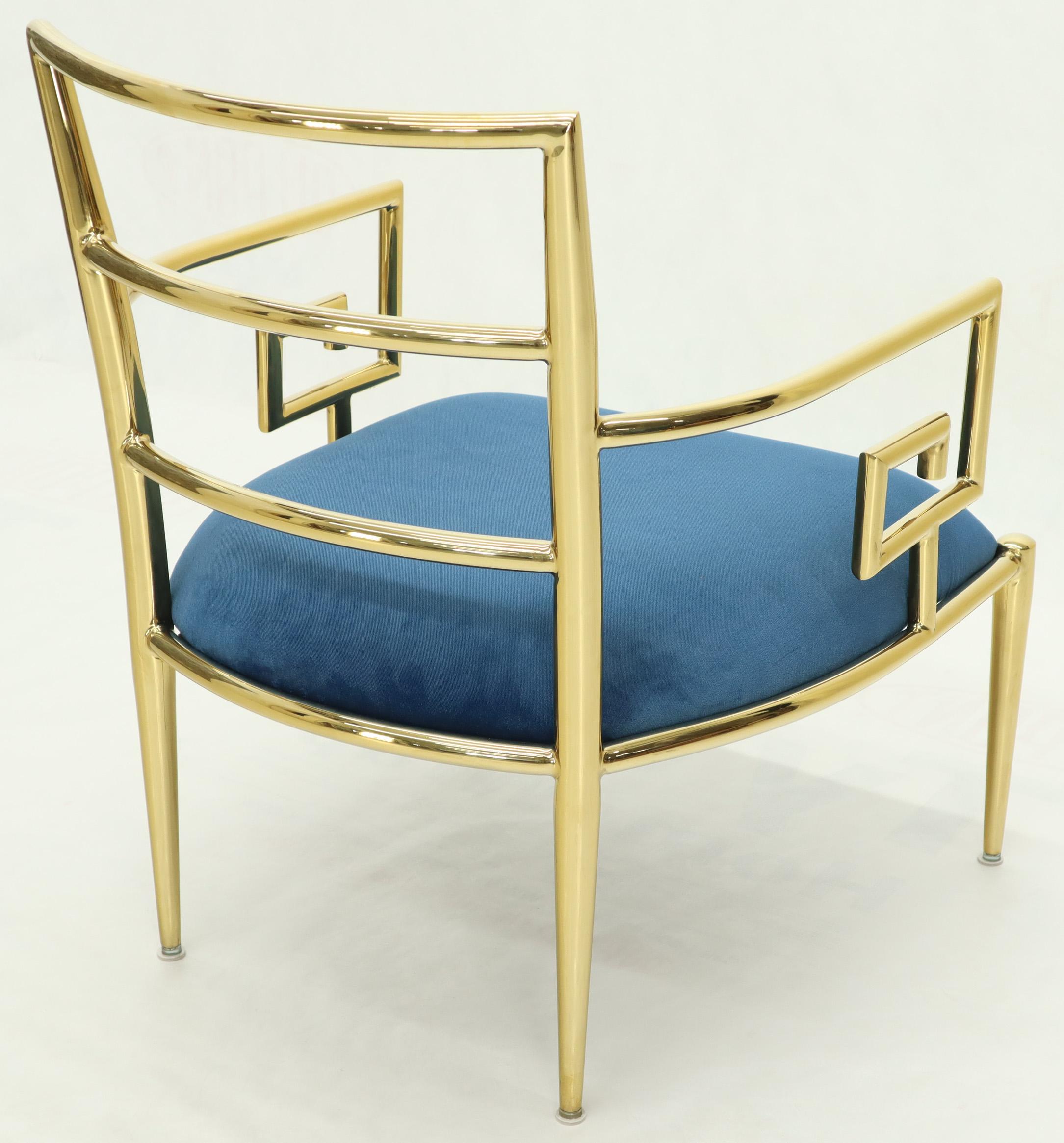 Pair of Greek Key Brass and Blue Velvet Lounge Chairs 7