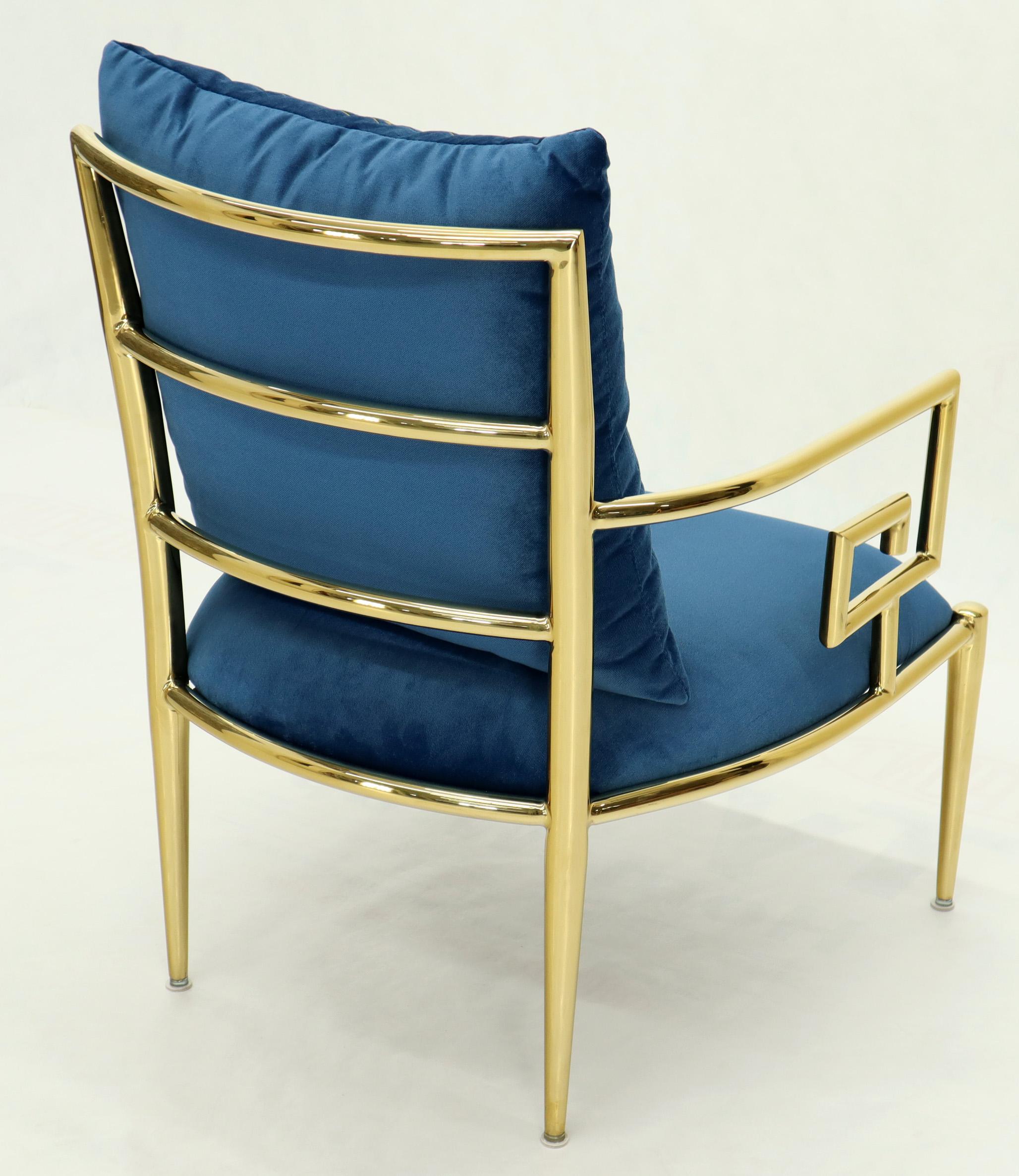 Pair of Greek Key Brass and Blue Velvet Lounge Chairs 9