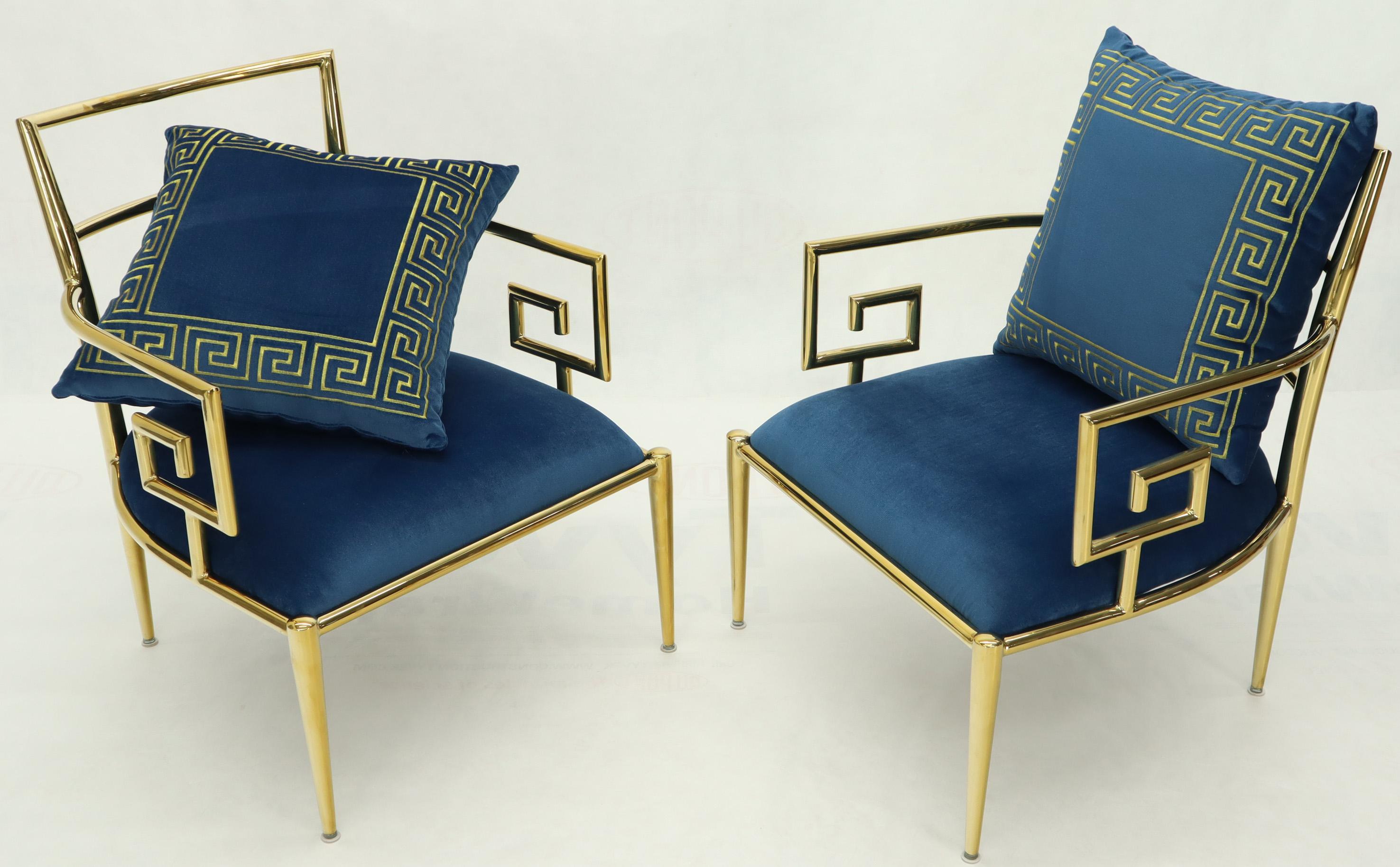Pair of Mid-Century Modern style brass and velvet upholstery lounge chairs. Gibbing's style.