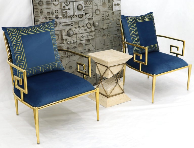 Pair of Greek Key Brass and Blue Velvet Lounge Chairs at 1stDibs