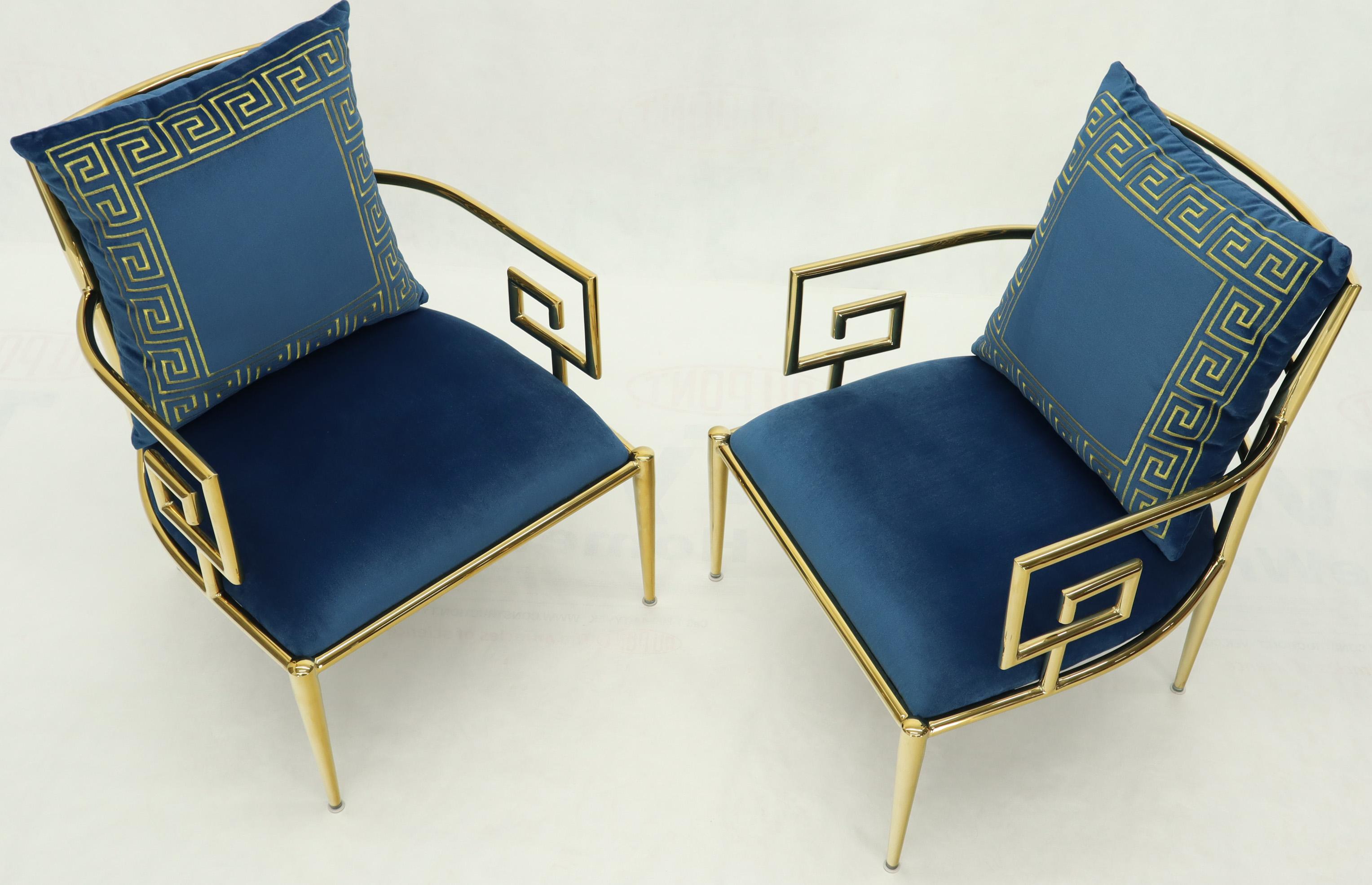 Mid-Century Modern Pair of Greek Key Brass and Blue Velvet Lounge Chairs