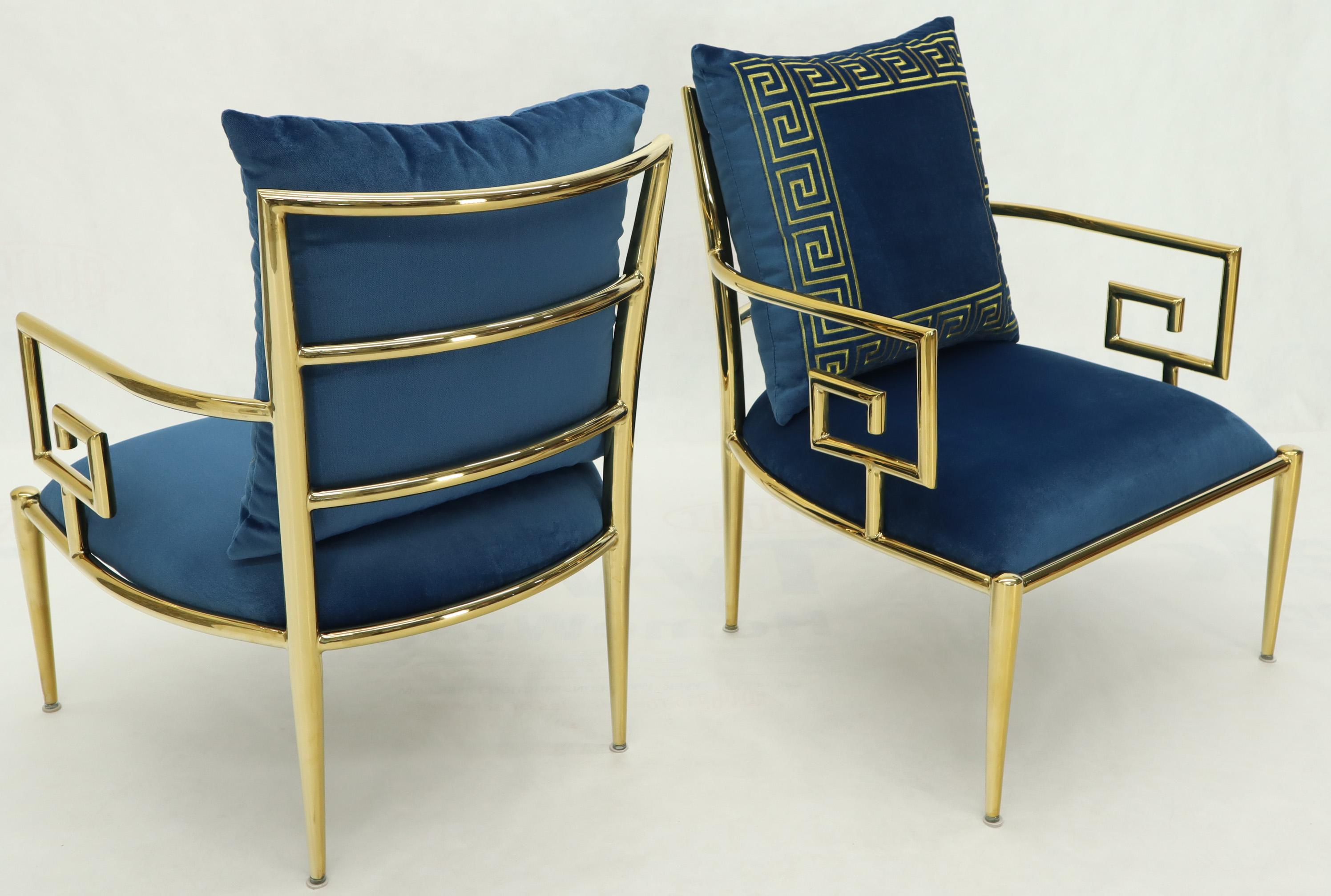 Unknown Pair of Greek Key Brass and Blue Velvet Lounge Chairs