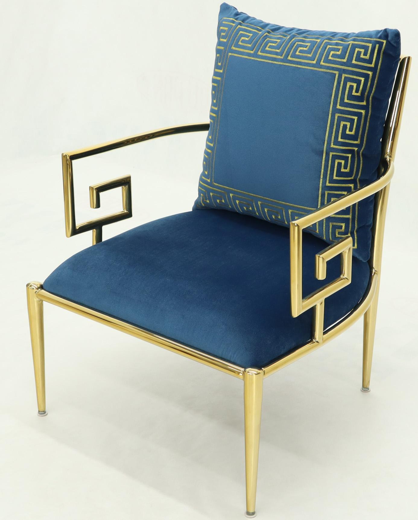 Pair of Greek Key Brass and Blue Velvet Lounge Chairs In Excellent Condition In Rockaway, NJ