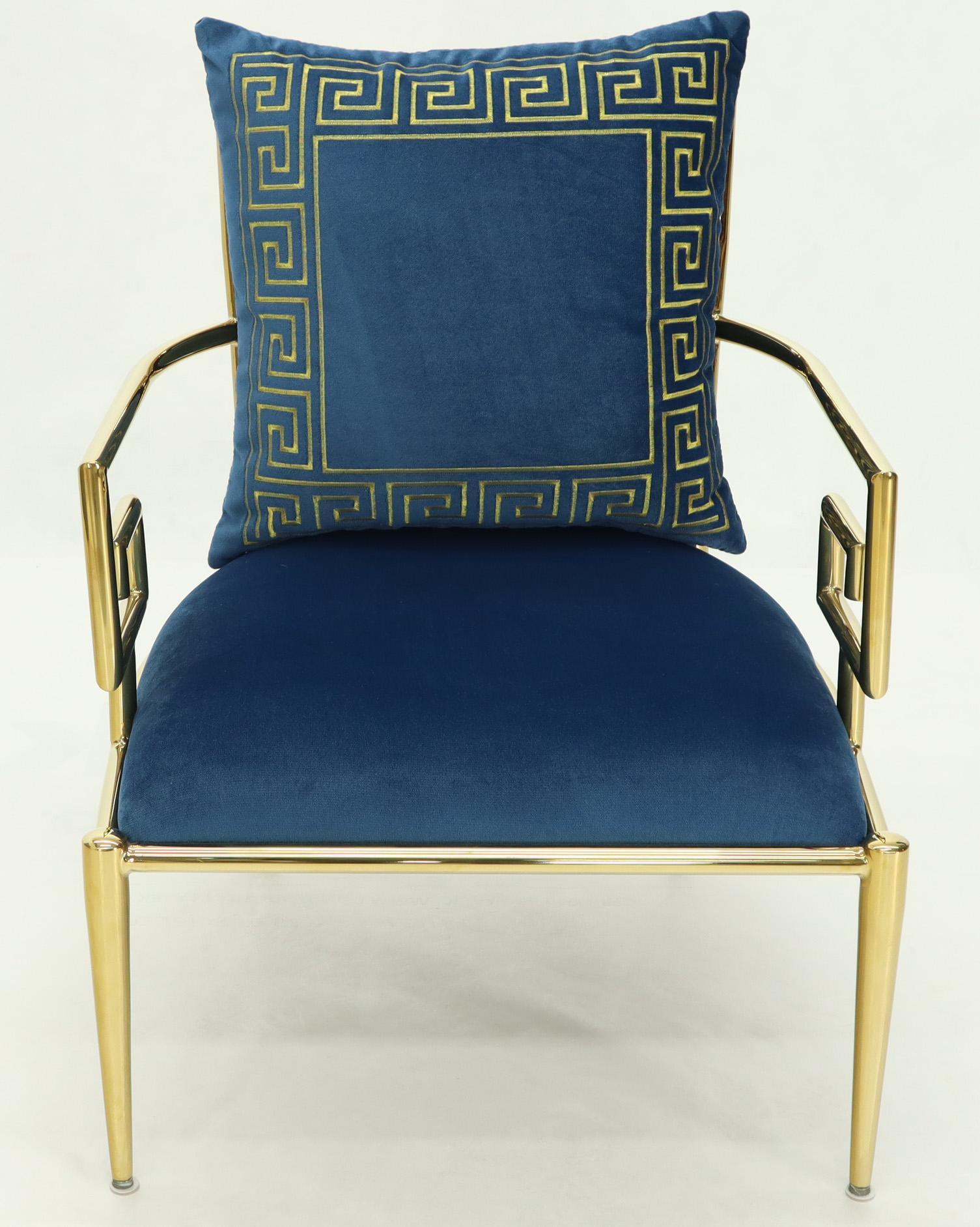 Contemporary Pair of Greek Key Brass and Blue Velvet Lounge Chairs
