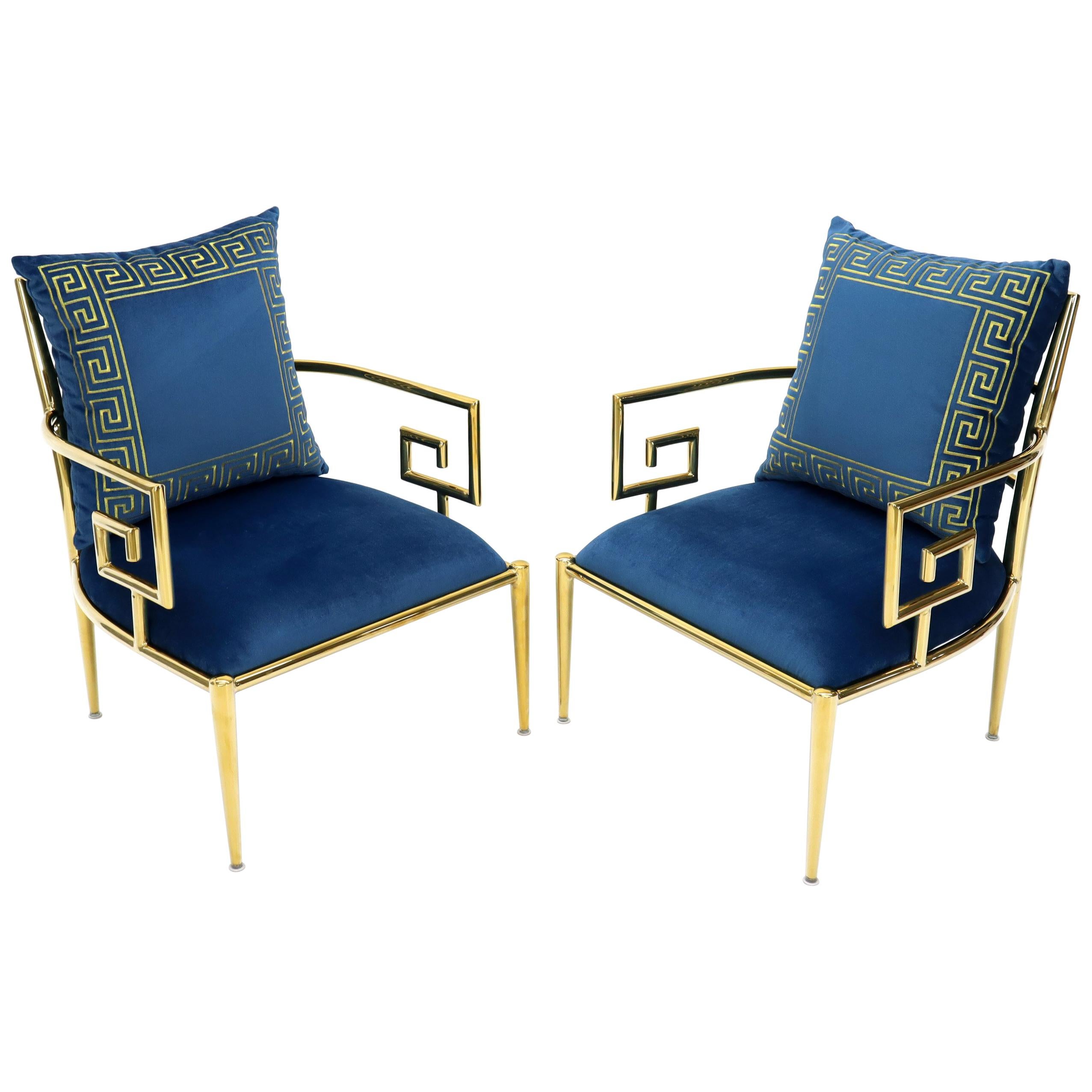Pair of Greek Key Brass and Blue Velvet Lounge Chairs
