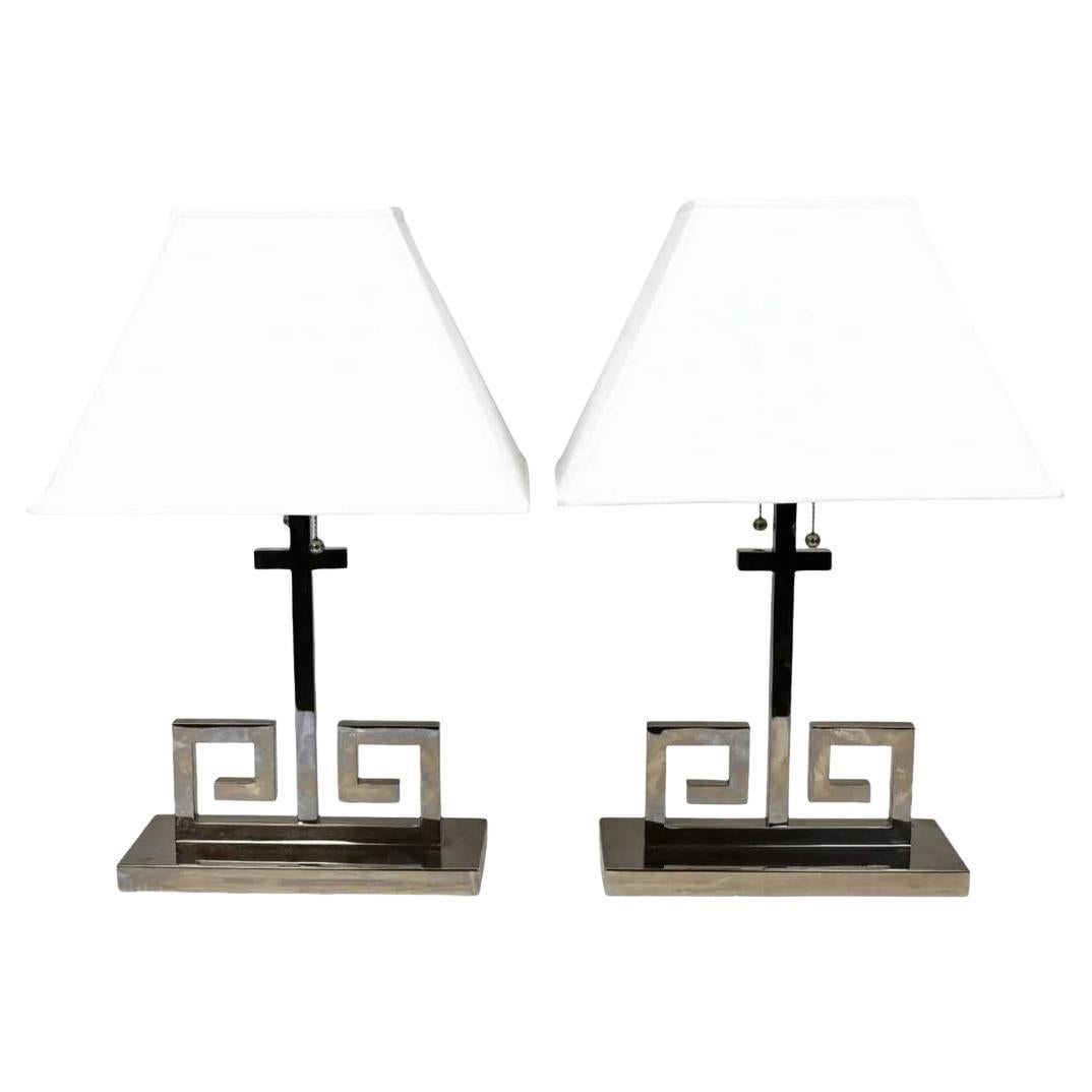 Pair of Greek Key Chrome Table Lamps