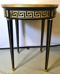 Pair of Greek Key Design Bronze Galleried Marble-Top Ebony Bouillotte Tables