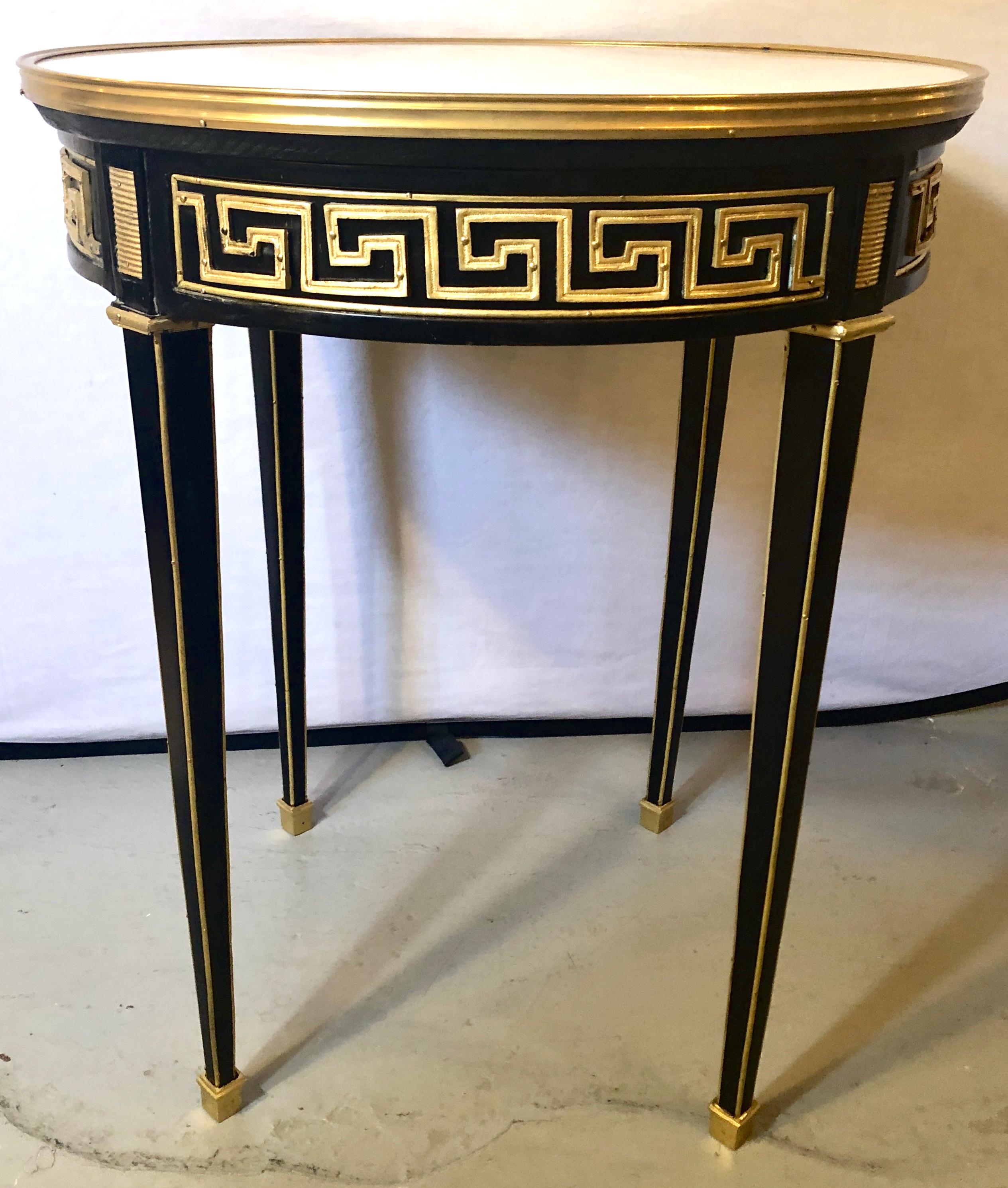 Hollywood Regency Pair of Greek Key Design Bronze Galleried Marble-Top Ebony Bouillotte Tables