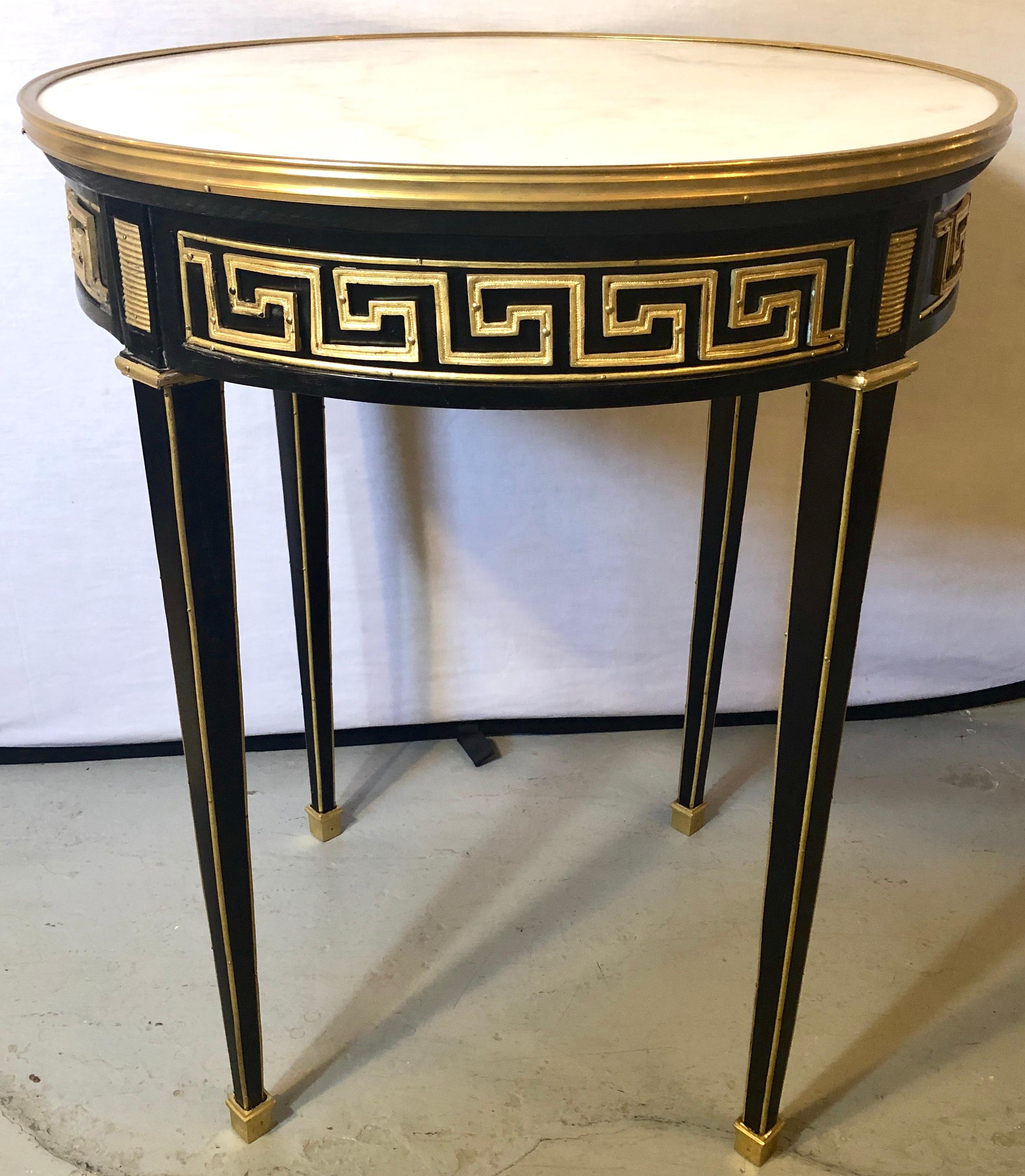 Pair of Greek Key Design Bronze Galleried Marble-Top Ebony Bouillotte Tables In Good Condition In Stamford, CT