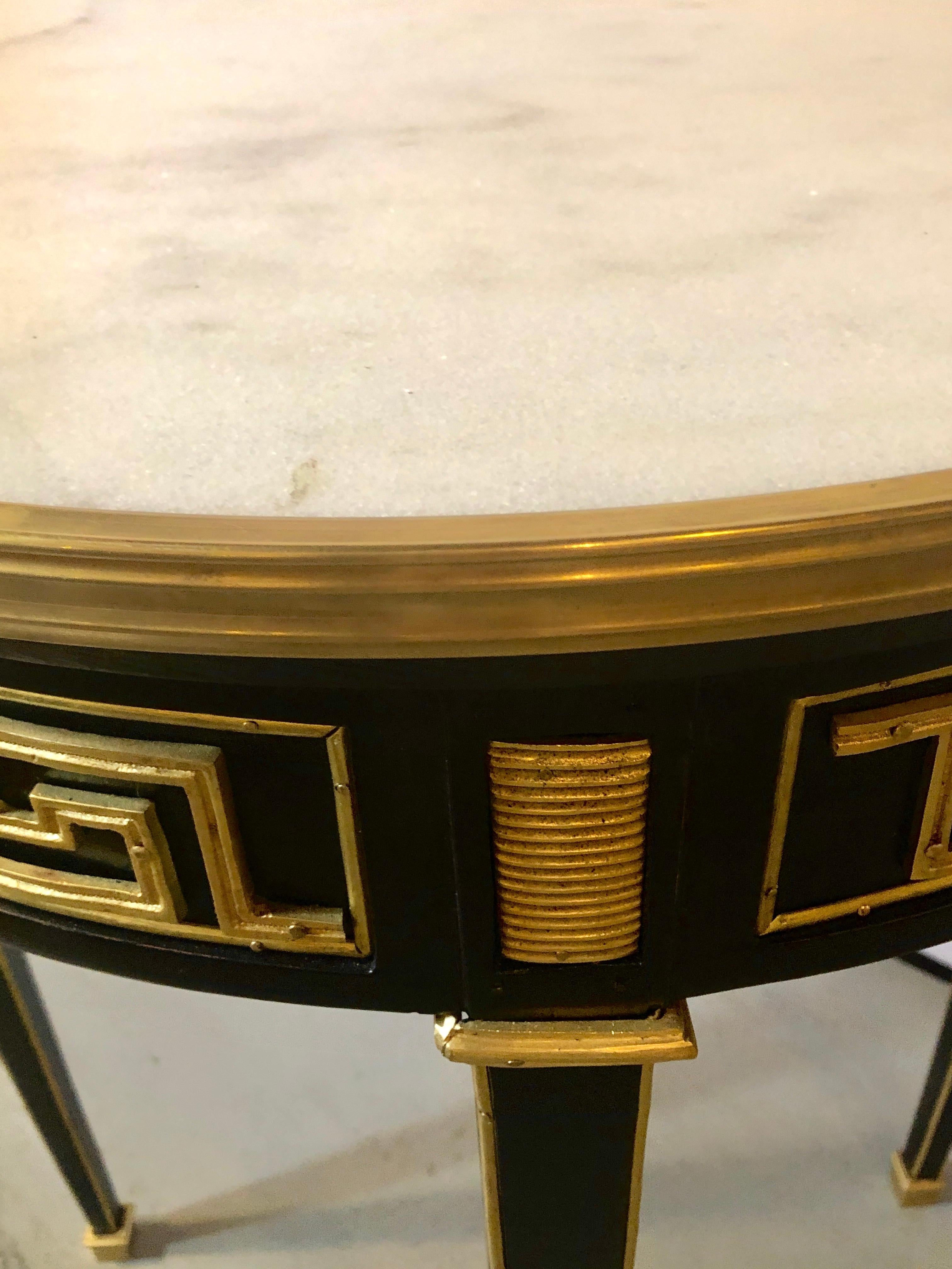 Pair of Greek Key Design Bronze Galleried Marble-Top Ebony Bouillotte Tables 2