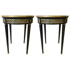 Vintage Pair of Greek Key Design Bronze Galleried Marble-Top Ebony Bouillotte Tables