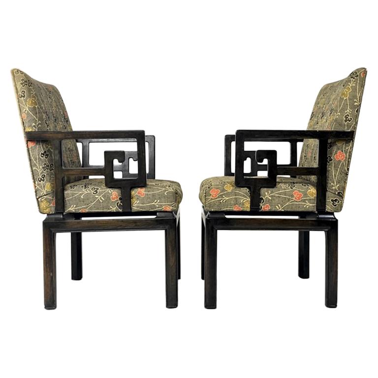 Pair of Greek Key Far East for Baker Chinoiserie Armchairs by Michael Taylor