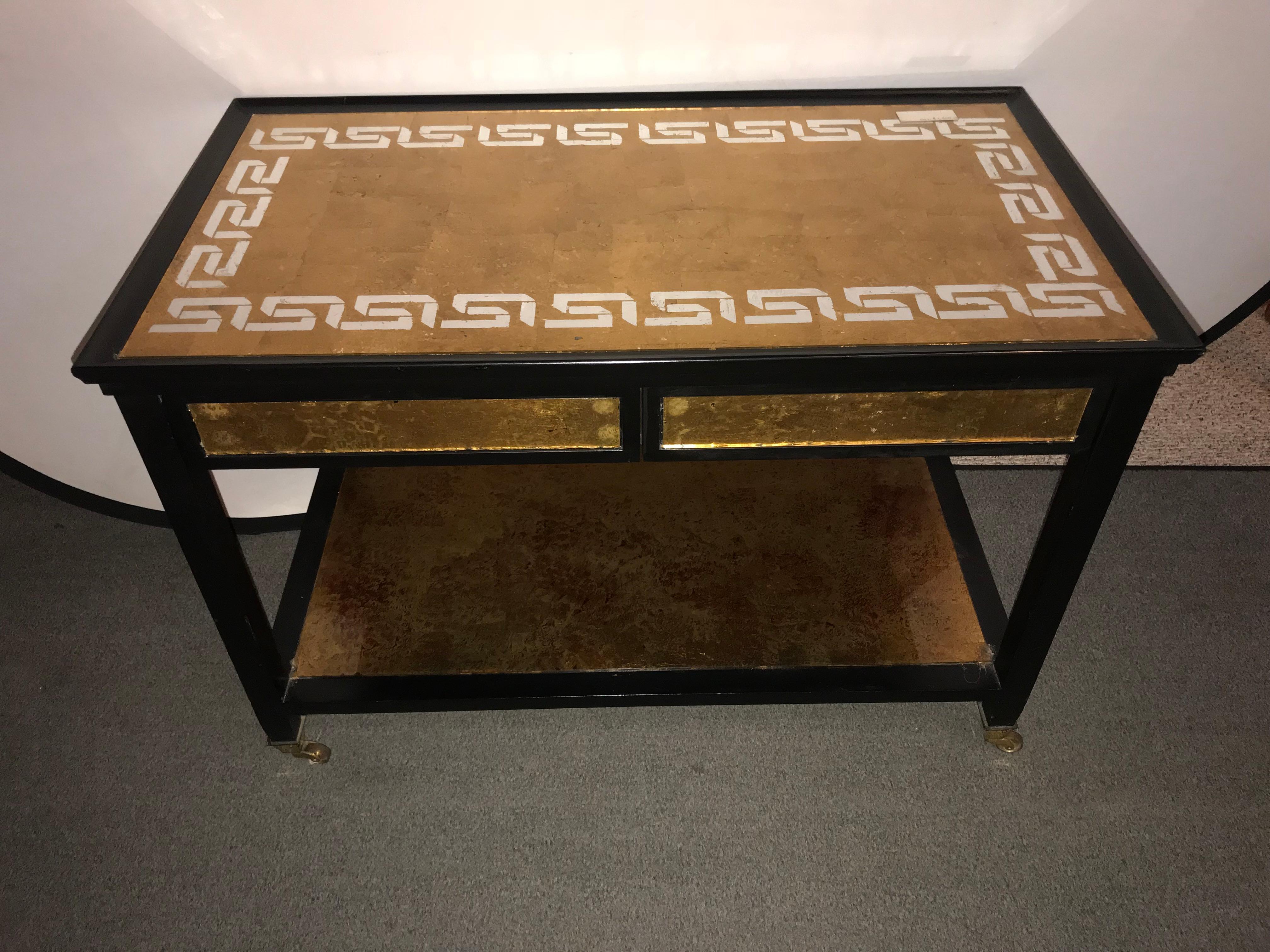 Pair of Greek Key Gilt Mirror 2-Drawer Serving Tables Manner of Jansen In Good Condition In Stamford, CT