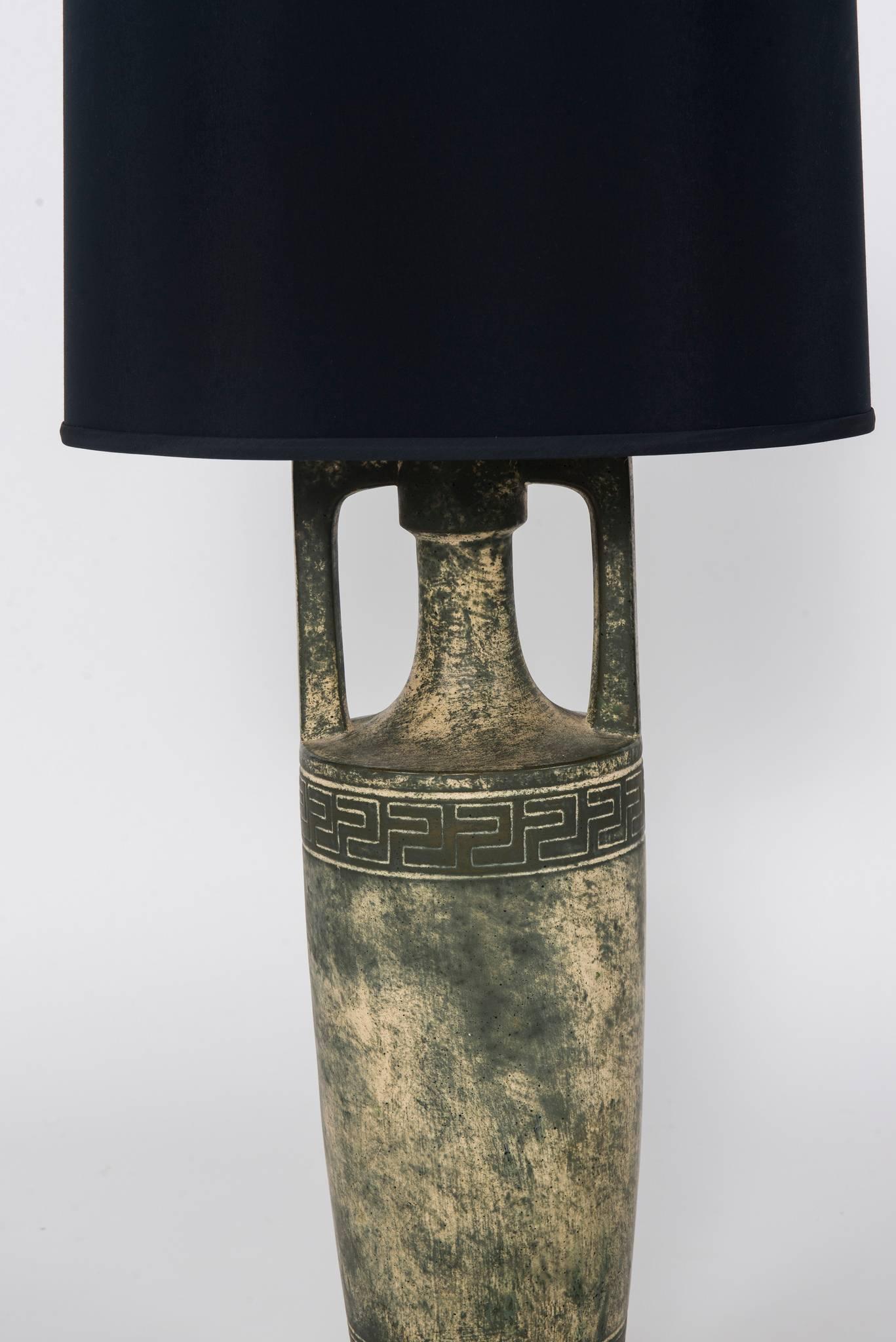 Unknown Pair of Greek Key Lamps with Black Shades
