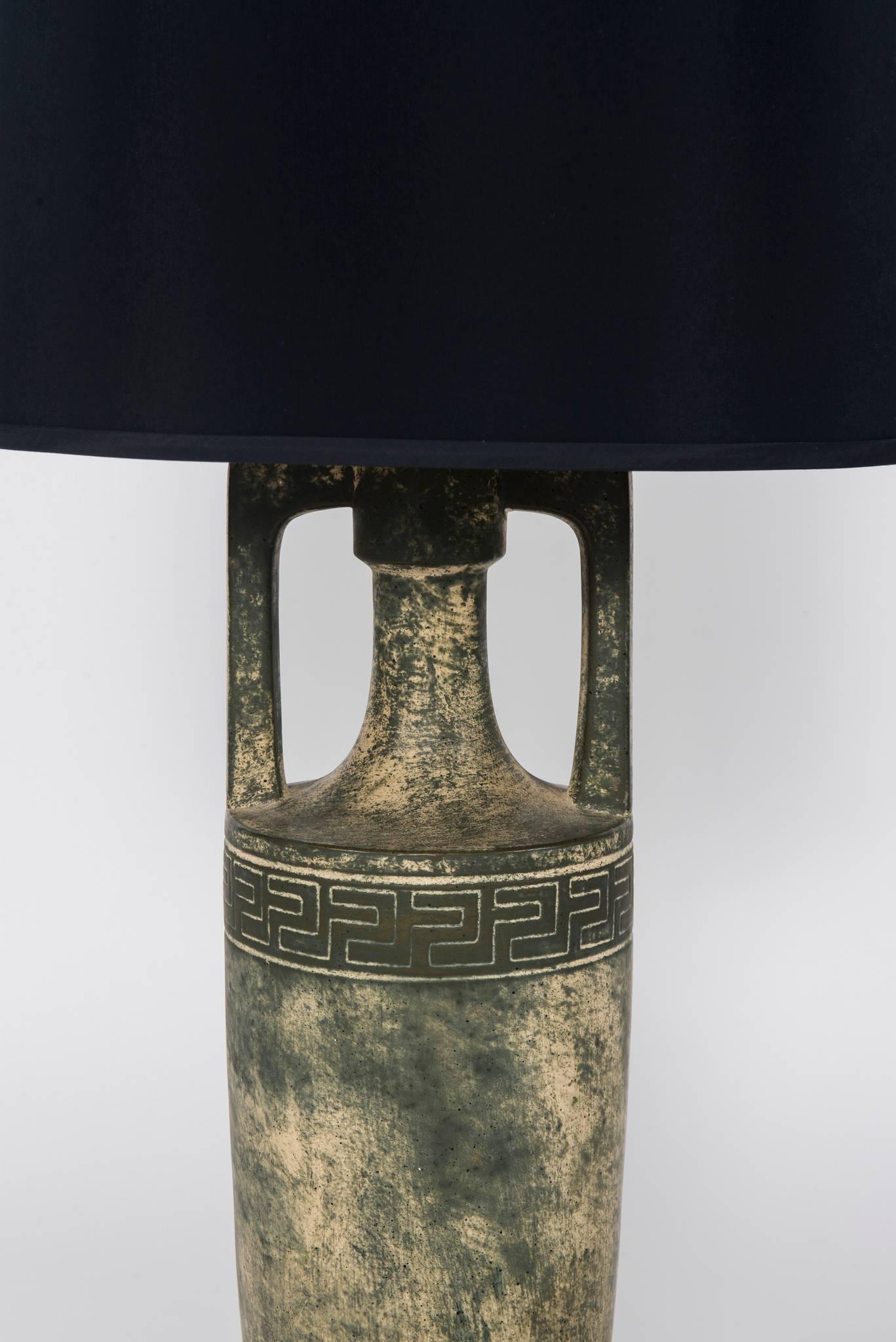 Pair of Greek Key Lamps with Black Shades In Good Condition In Houston, TX