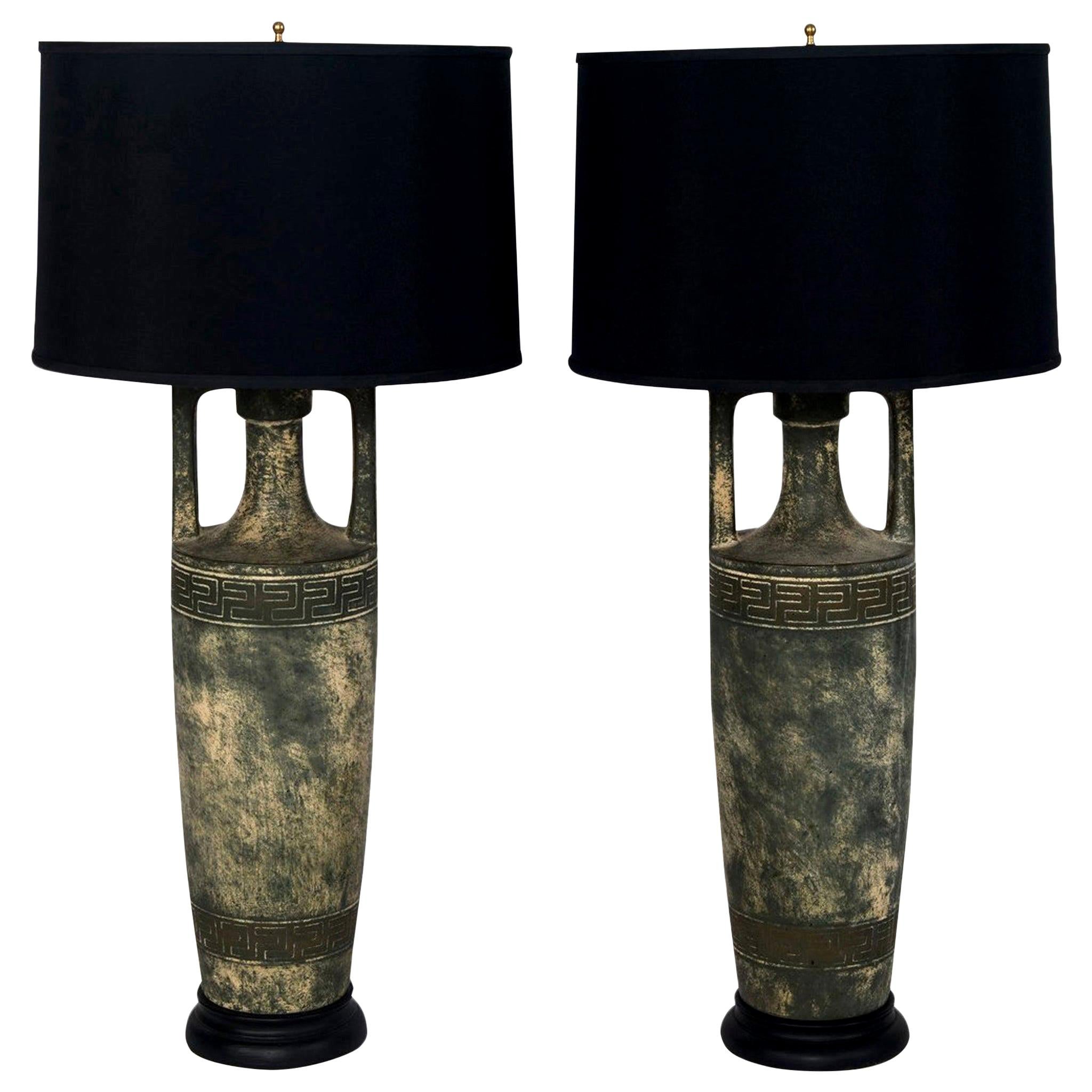 Pair of Greek Key Lamps with Black Shades