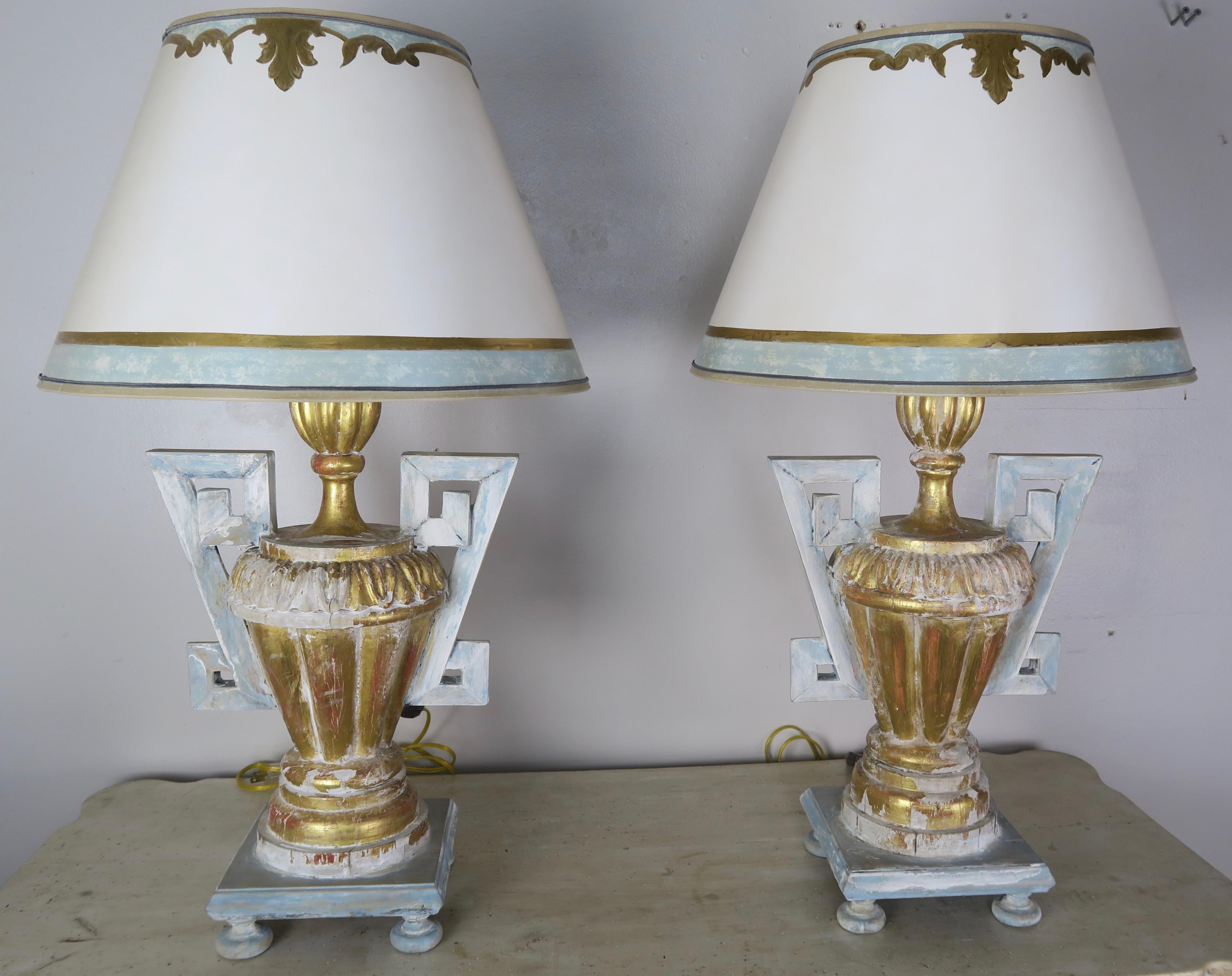 20th Century Pair of Greek Key Painted Lamps with Parchment Shades For Sale