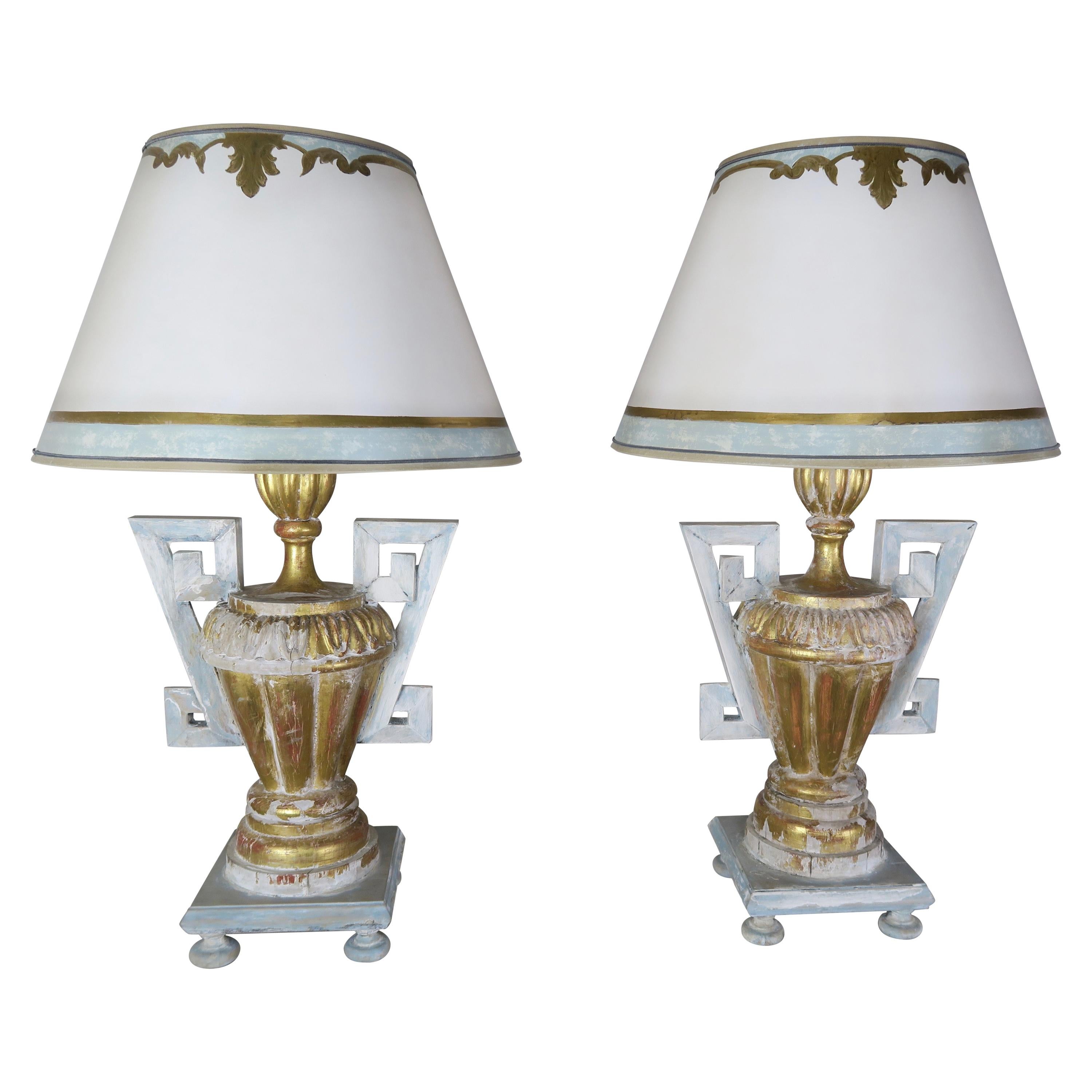 Pair of Greek Key Painted Lamps with Parchment Shades For Sale