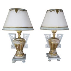 Vintage Pair of Greek Key Painted Lamps with Parchment Shades