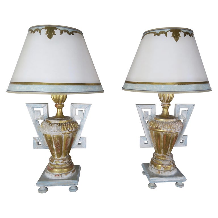 Pair Of Greek Key Painted Lamps With, Silver Greek Key Table Lamp