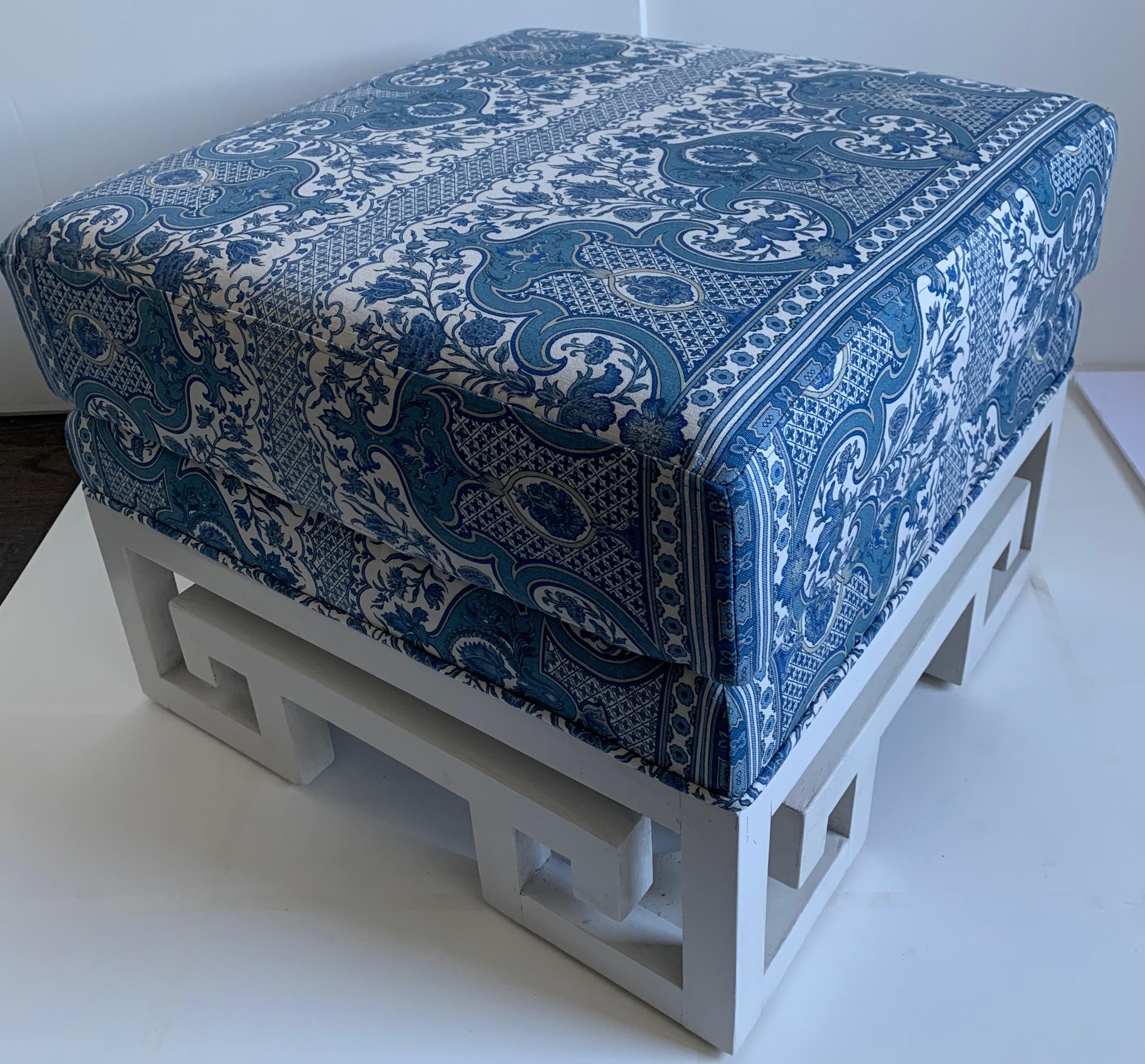 Fabric Pair of Greek Key White Painted Ottomans or Stools For Sale