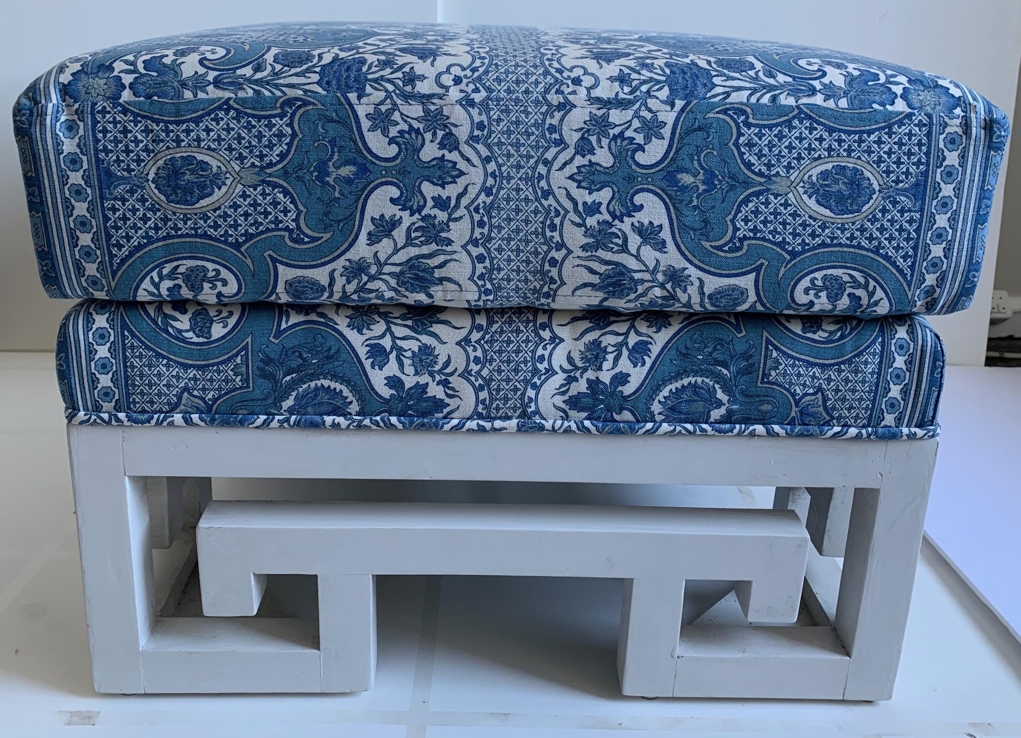 Pair of Greek Key White Painted Ottomans or Stools For Sale 4