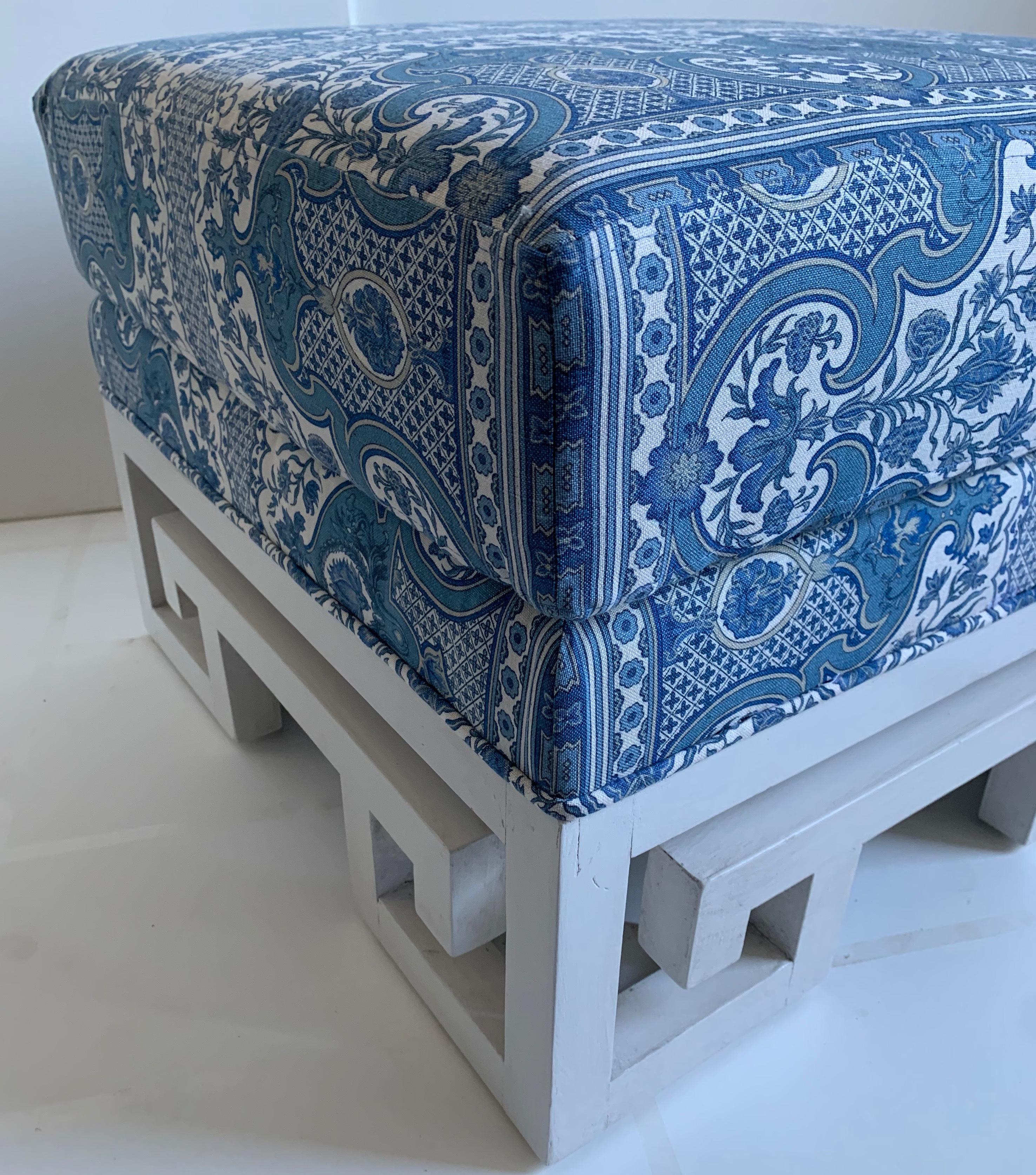 American Pair of Greek Key White Painted Ottomans or Stools For Sale