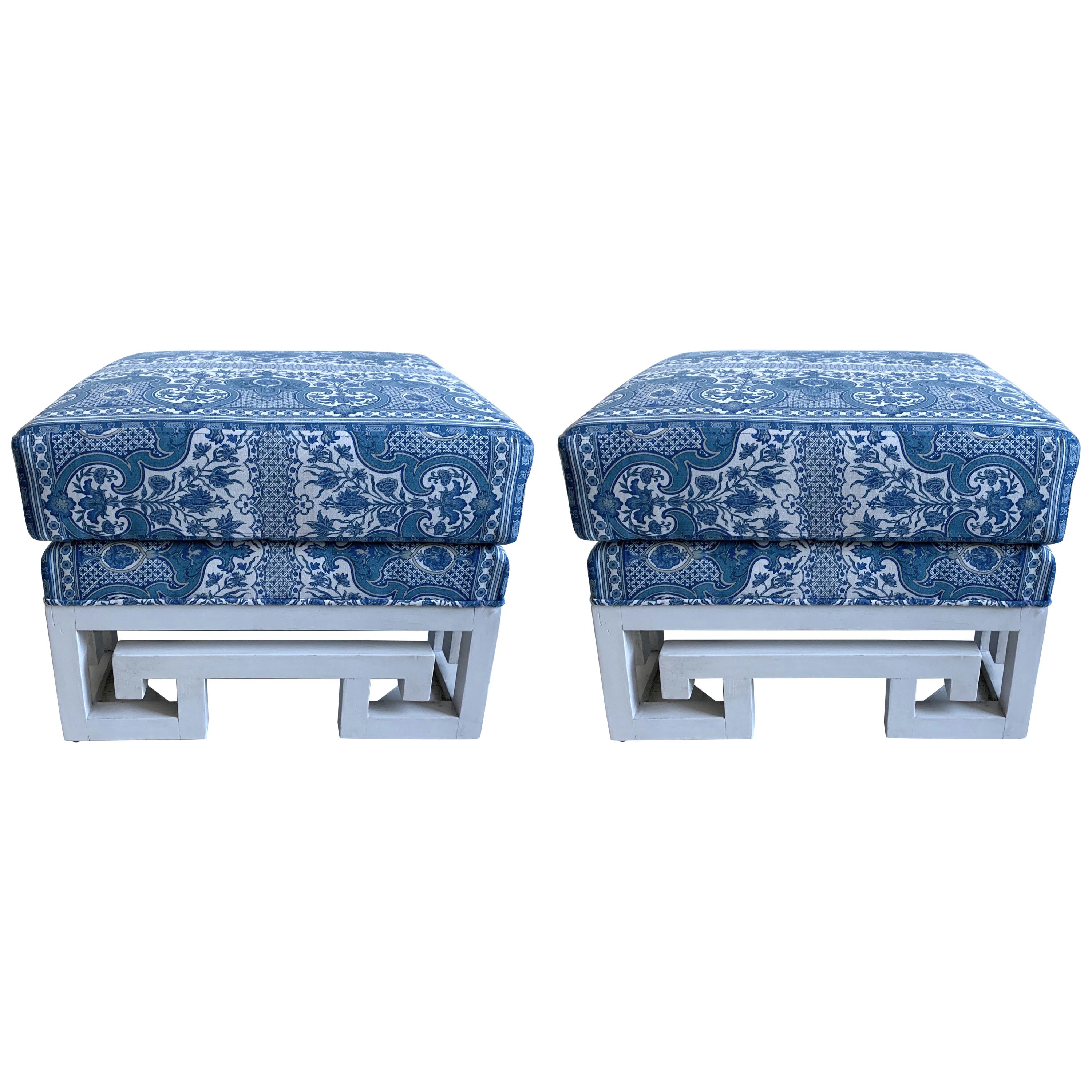 Pair of Greek Key White Painted Ottomans or Stools For Sale