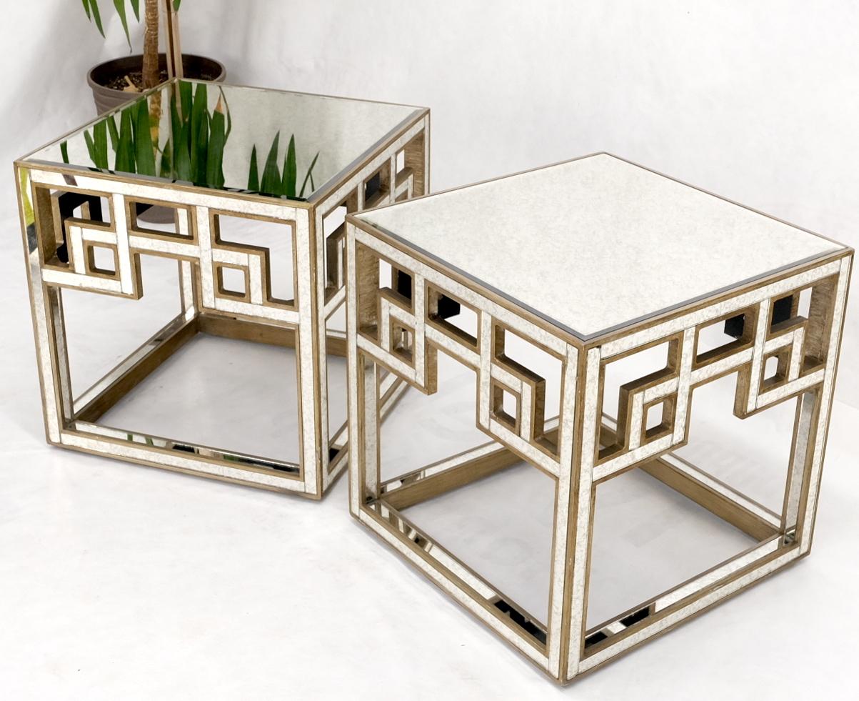 20th Century Pair of Greek Motive Square Bevelled Mirrors Mirrored End Tables Nightstands For Sale