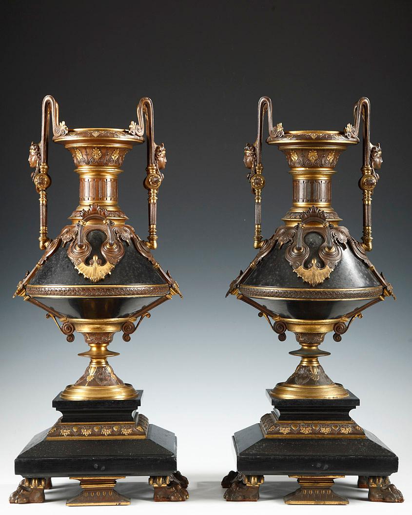 Vase of Greek style made in black marble and two patina bronze, presented at the Paris Universal Exhibition of 1867. (see picture attached)
(Reproduced and commented in “The Art Journal Catalogue of the Paris Universal Exhibition of 1867”, London,