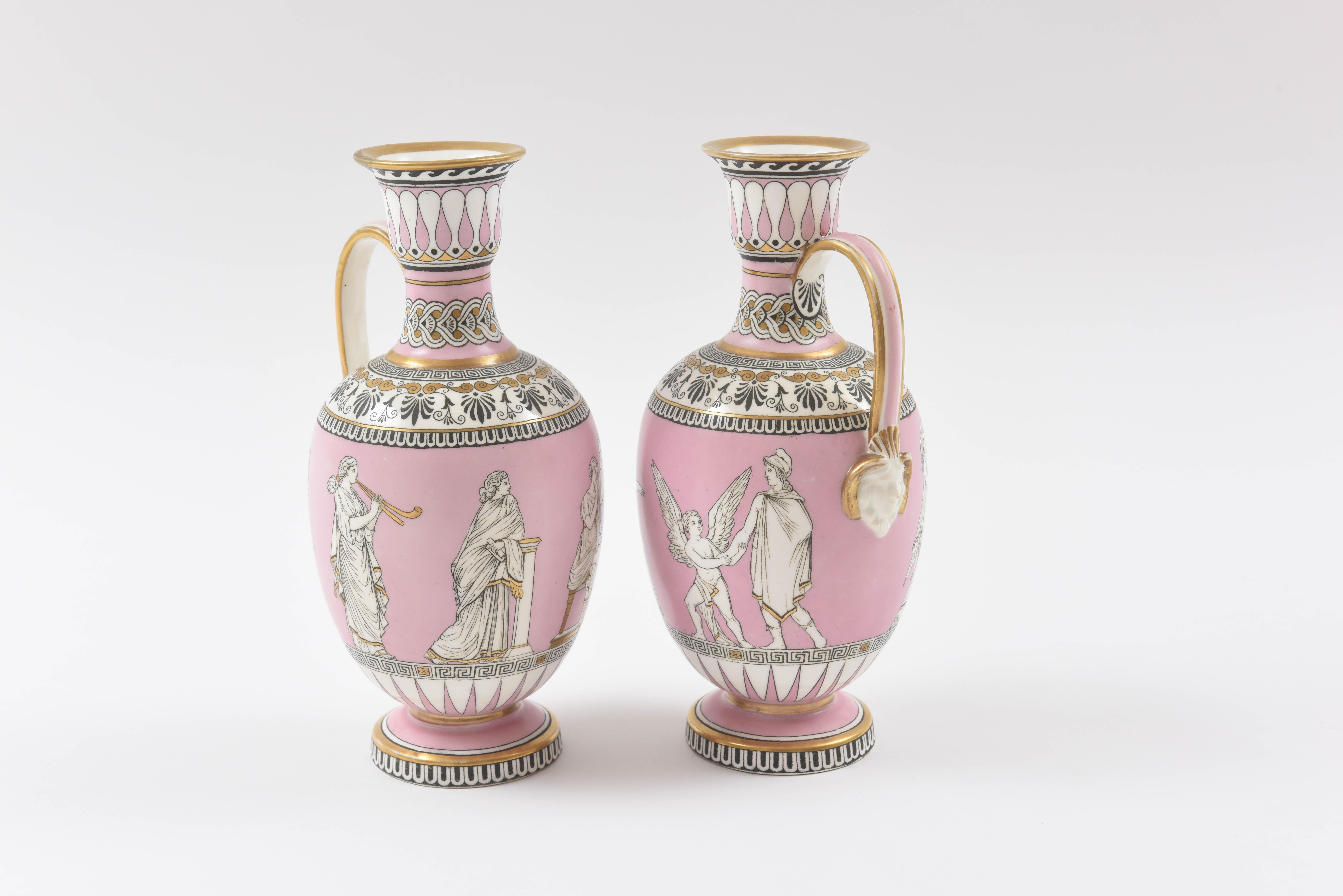English Pair of Greek Revival Vases, the Nuptials of Paris & Helen.Pink, circa 1840