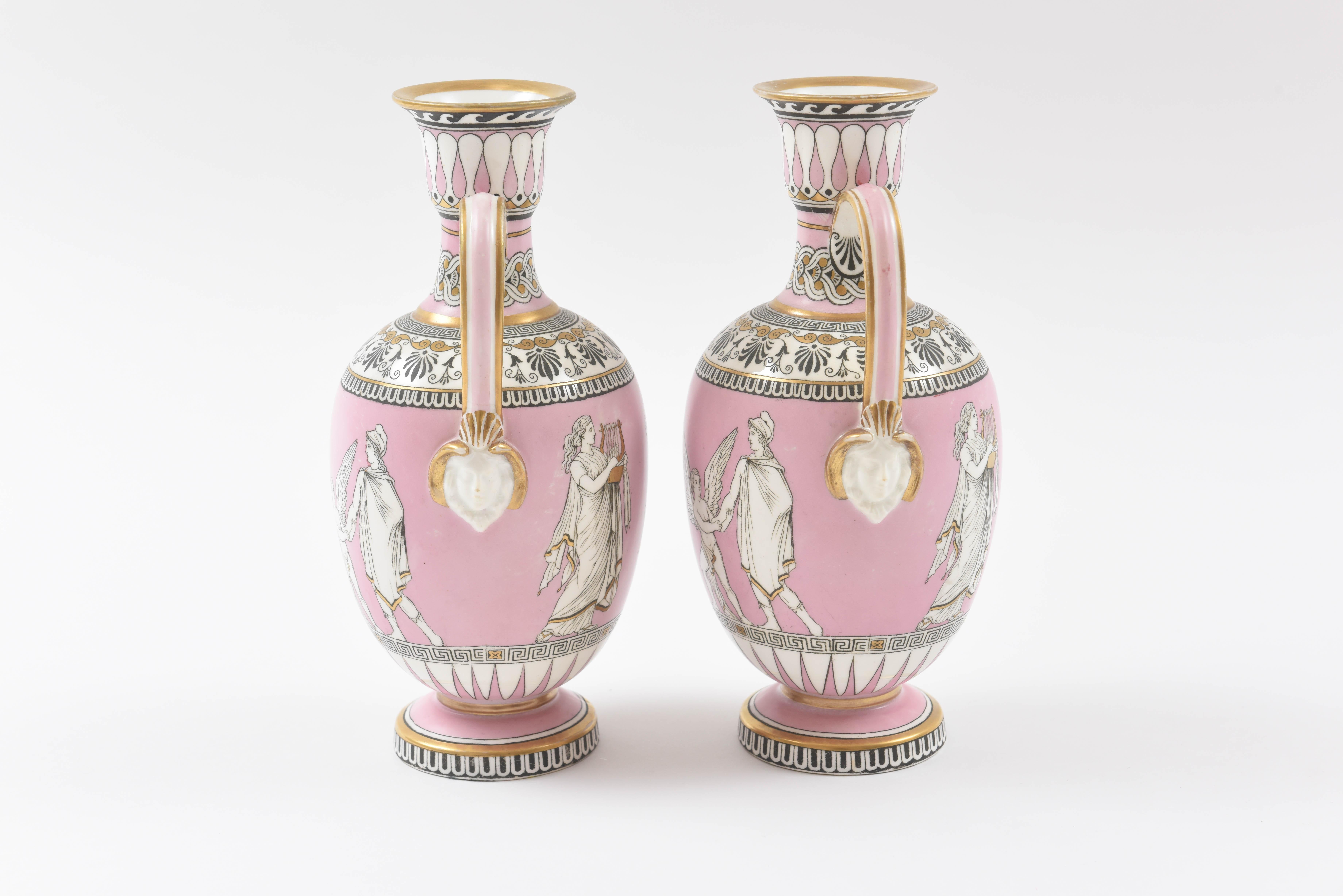 Hand-Crafted Pair of Greek Revival Vases, the Nuptials of Paris & Helen.Pink, circa 1840