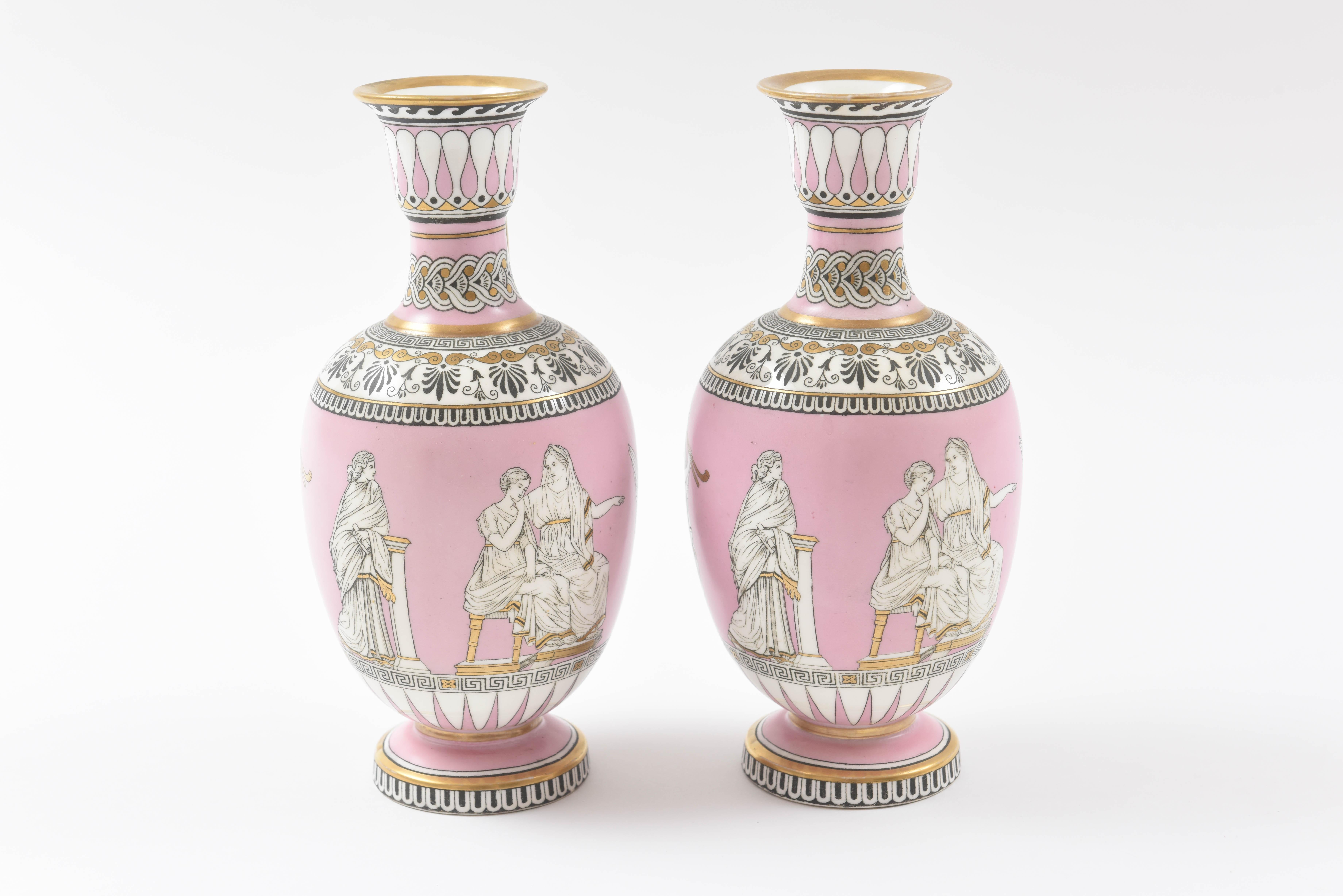 Pair of Greek Revival Vases, the Nuptials of Paris & Helen.Pink, circa 1840 In Good Condition In West Palm Beach, FL