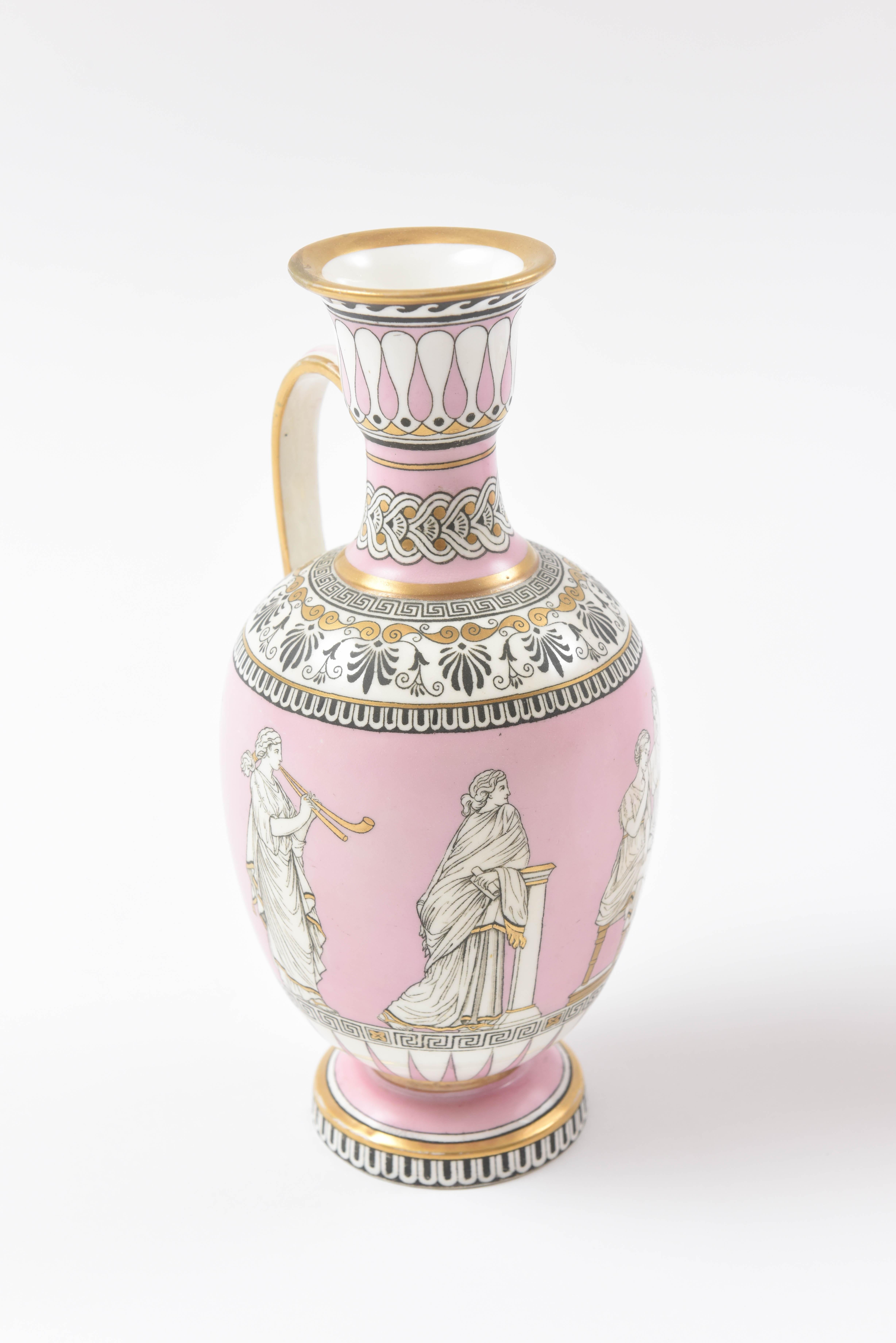 Enamel Pair of Greek Revival Vases, the Nuptials of Paris & Helen.Pink, circa 1840