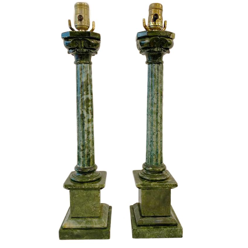 Pair of circa 1920s Italian column-shaped carved green alabaster table lamps.

Measurements:
Height of body 19