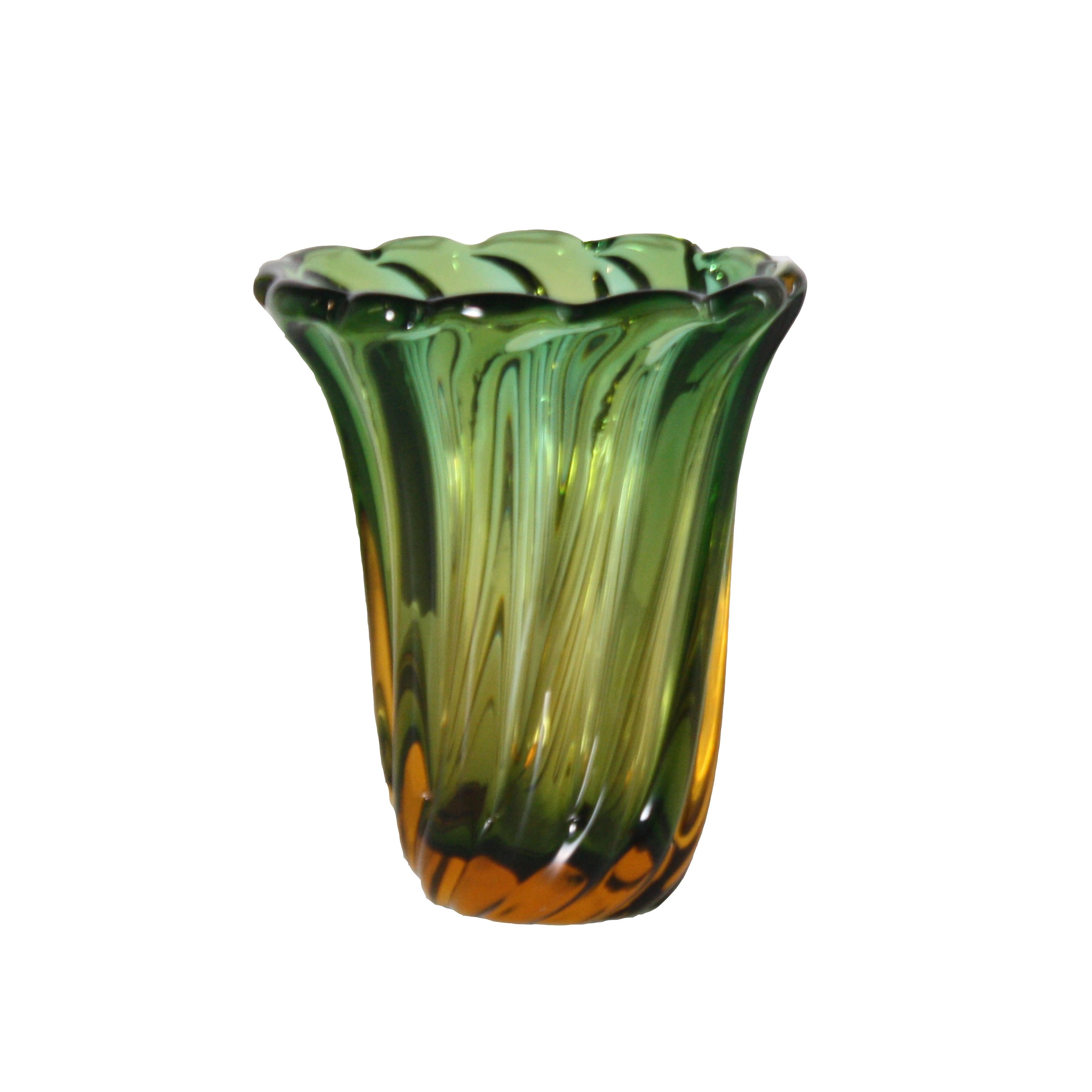 Pair of green and amber glass vases, circa 1950.