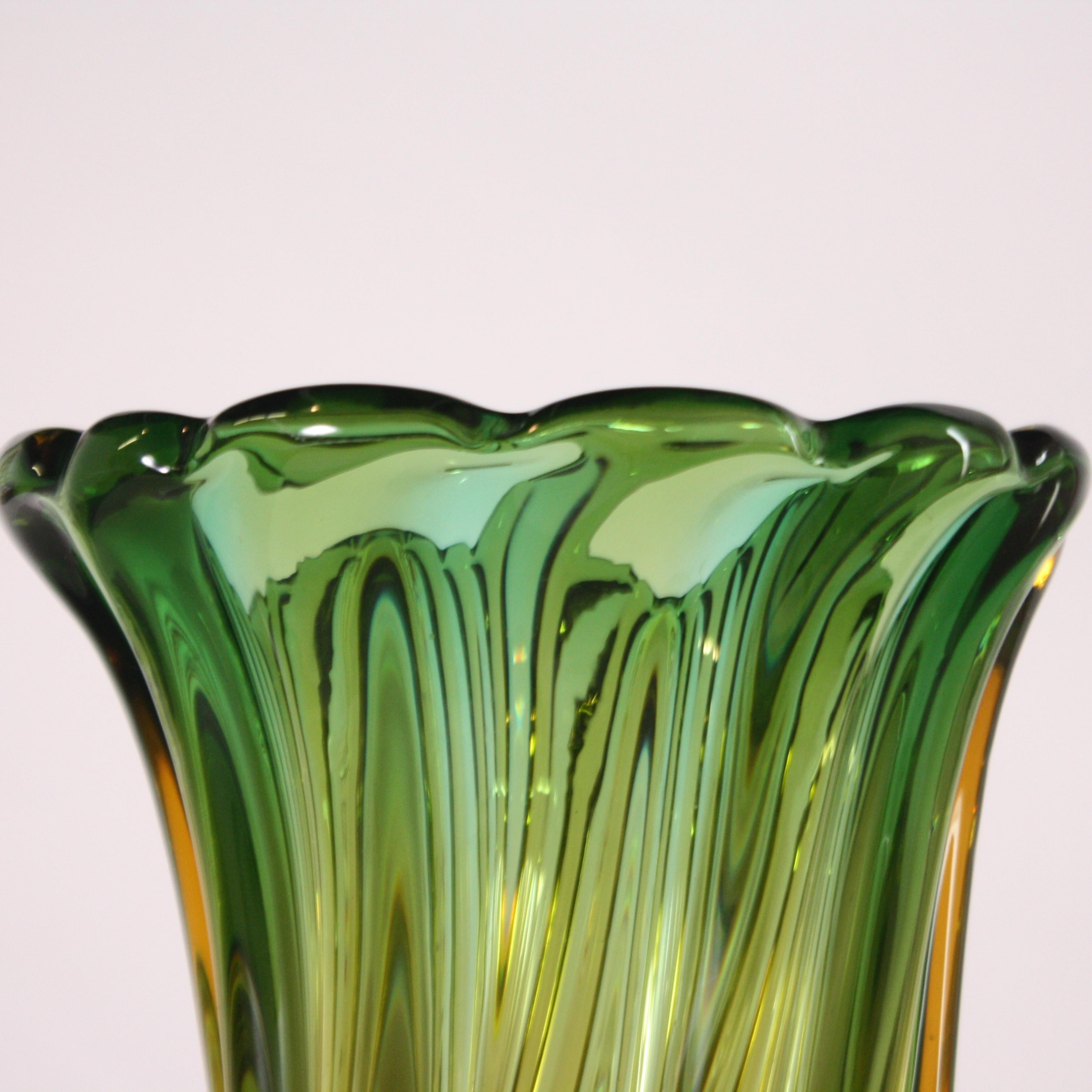 Italian Pair of Green and Amber Glass Vases, circa 1950