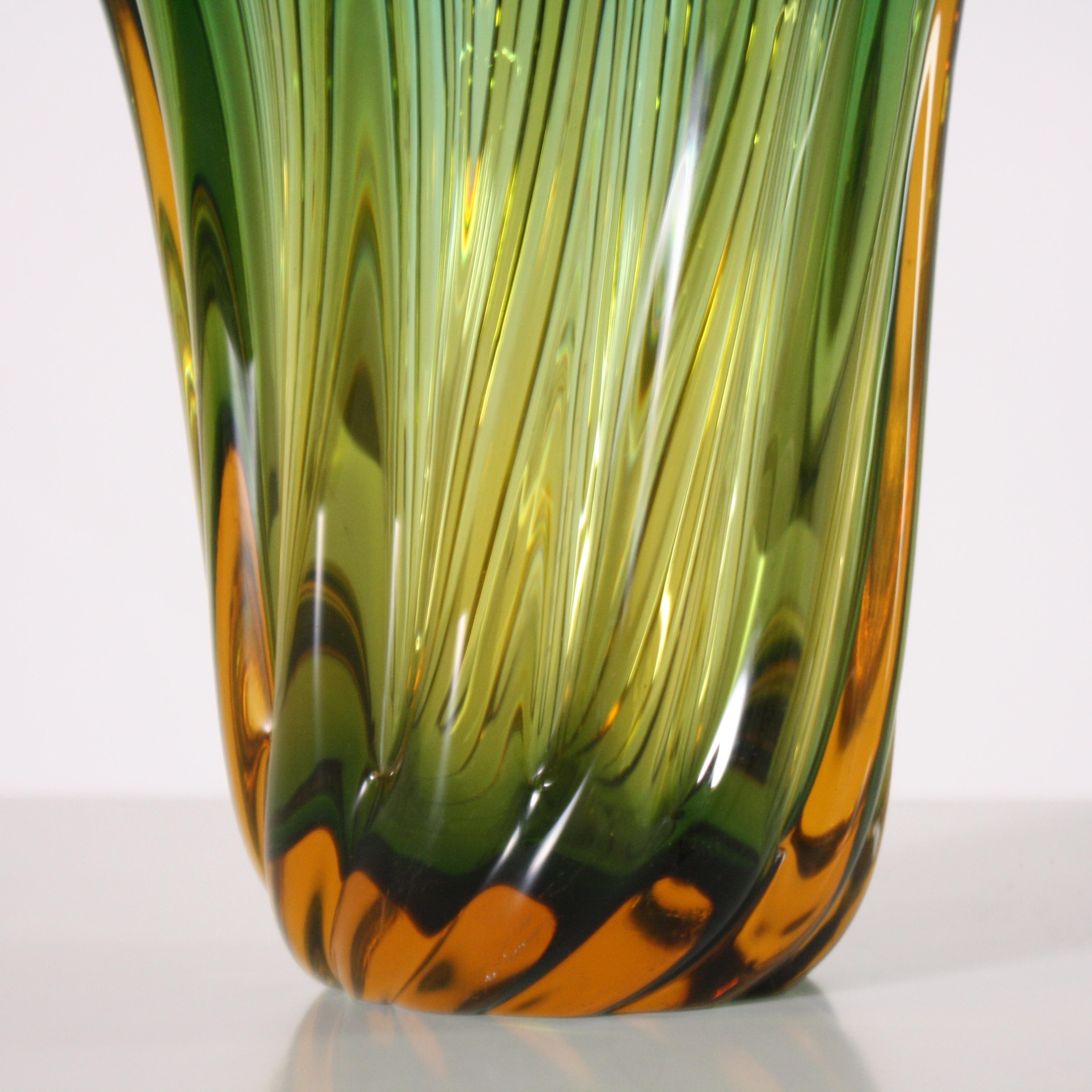 Pair of Green and Amber Glass Vases, circa 1950 In Good Condition In Dallas, TX