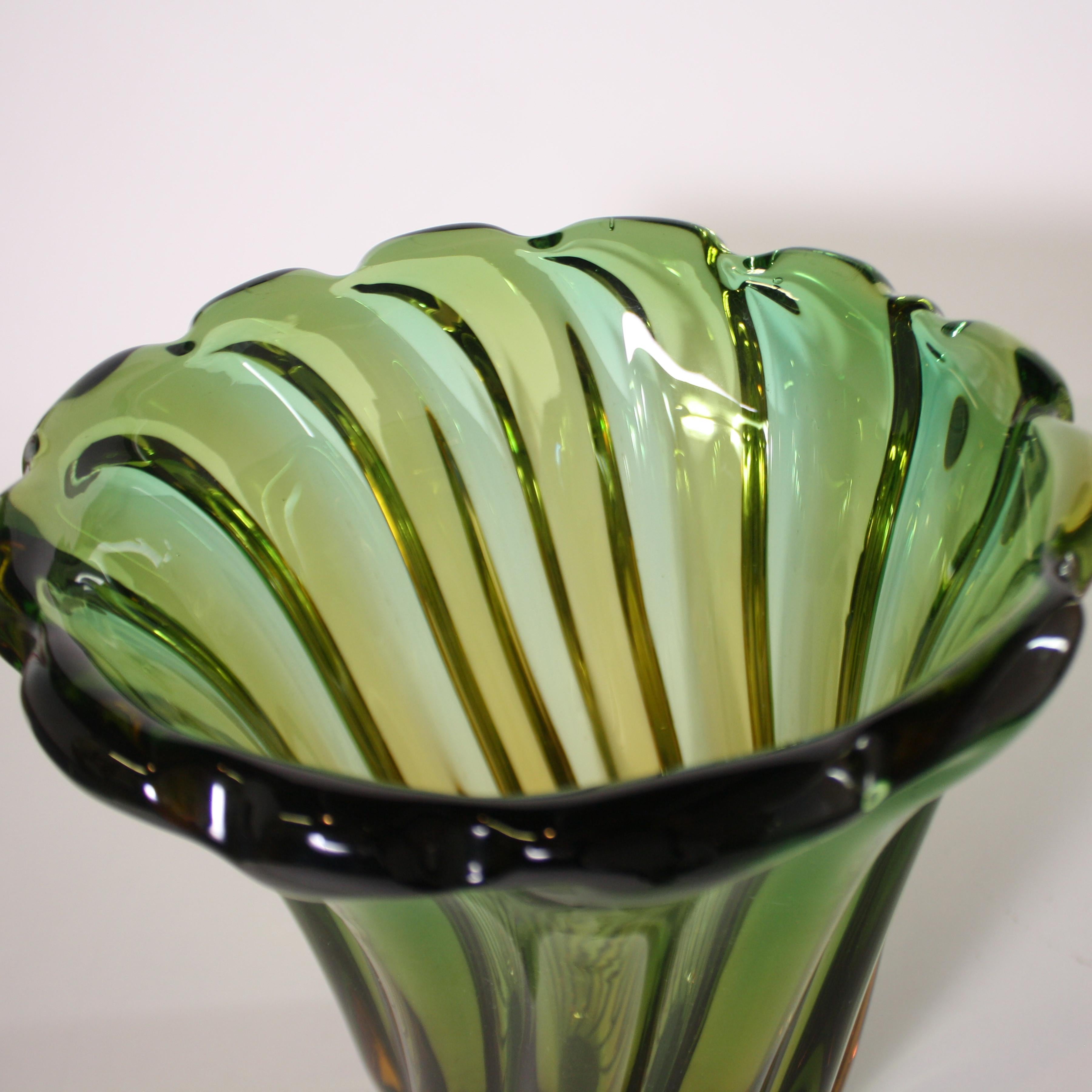 Mid-20th Century Pair of Green and Amber Glass Vases, circa 1950