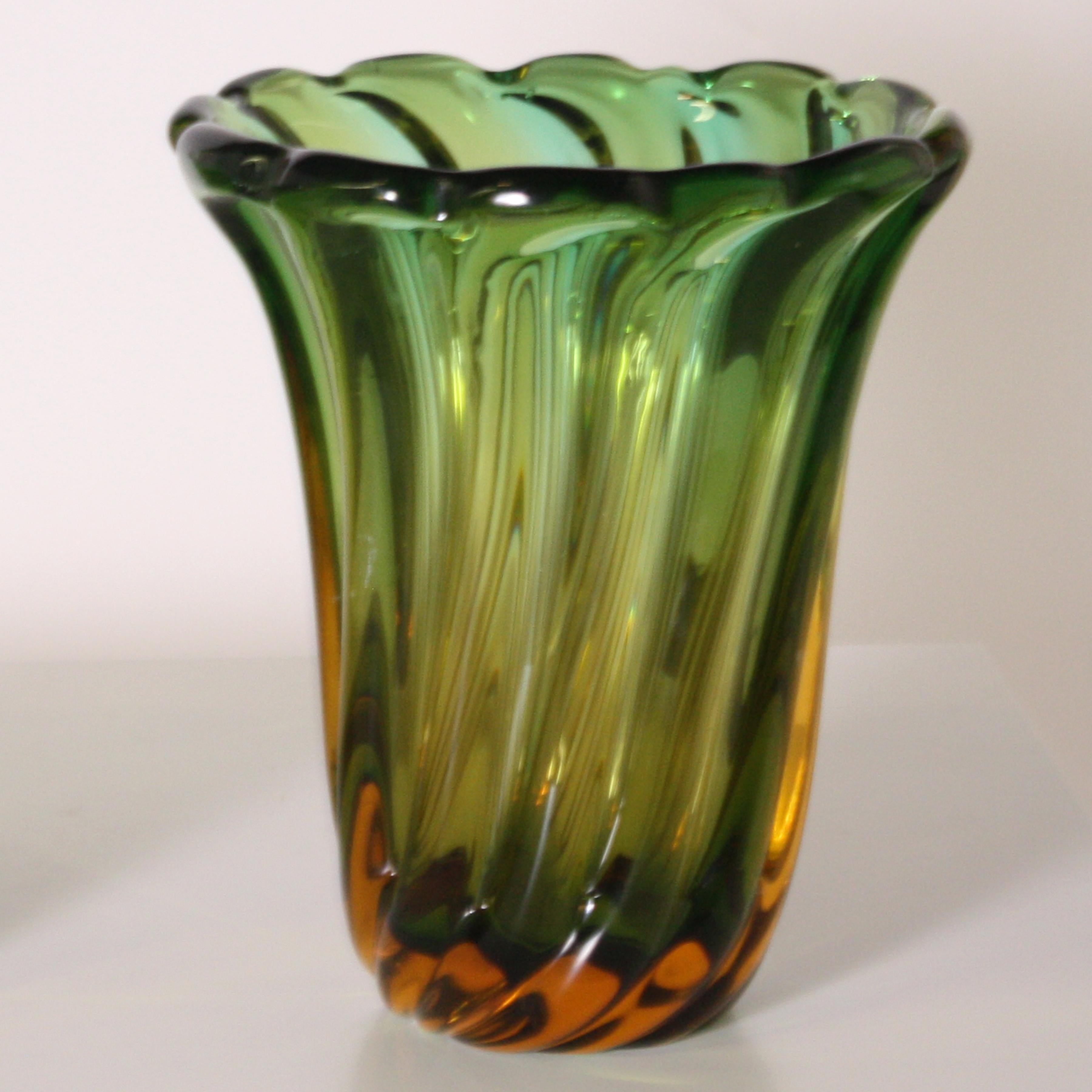Pair of Green and Amber Glass Vases, circa 1950 1
