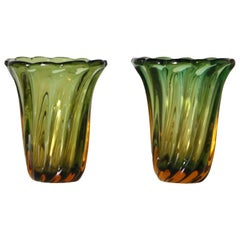 Pair of Green and Amber Glass Vases, circa 1950