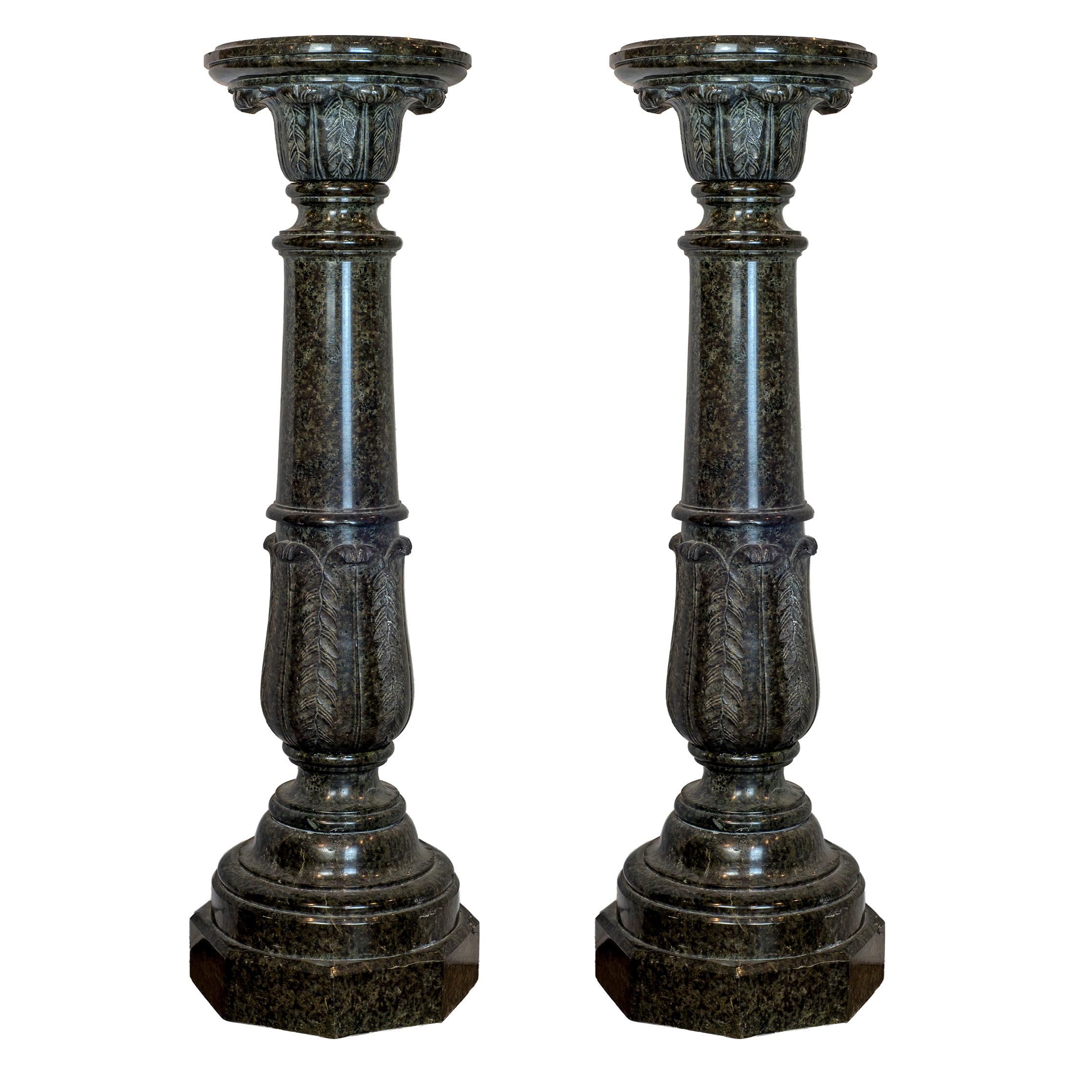 Pair of Green and Black Italian Marble Pedestals For Sale