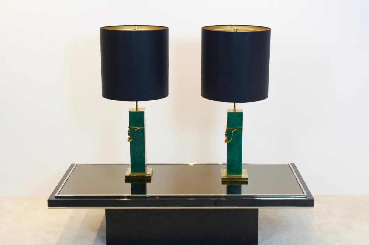 Belgian Pair of Green and Brass Mid-Century Modern Table Lamps For Sale