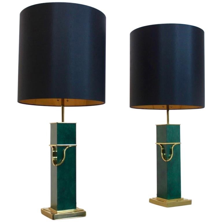 Pair of Green and Brass Mid-Century Modern Table Lamps For Sale