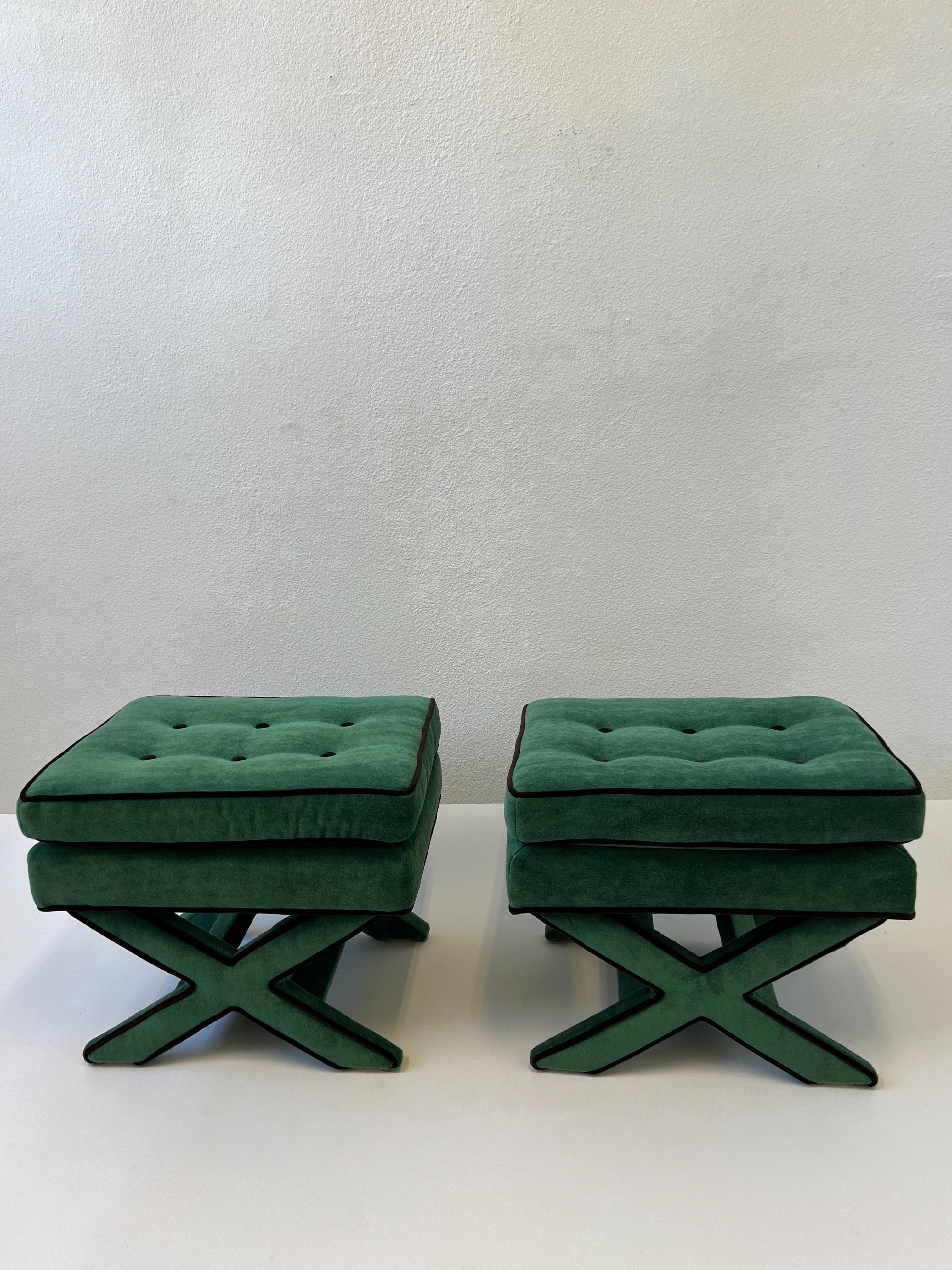 Pair of Green and Brown Mohair X Base Ottomans by Billy Baldwin  For Sale 3
